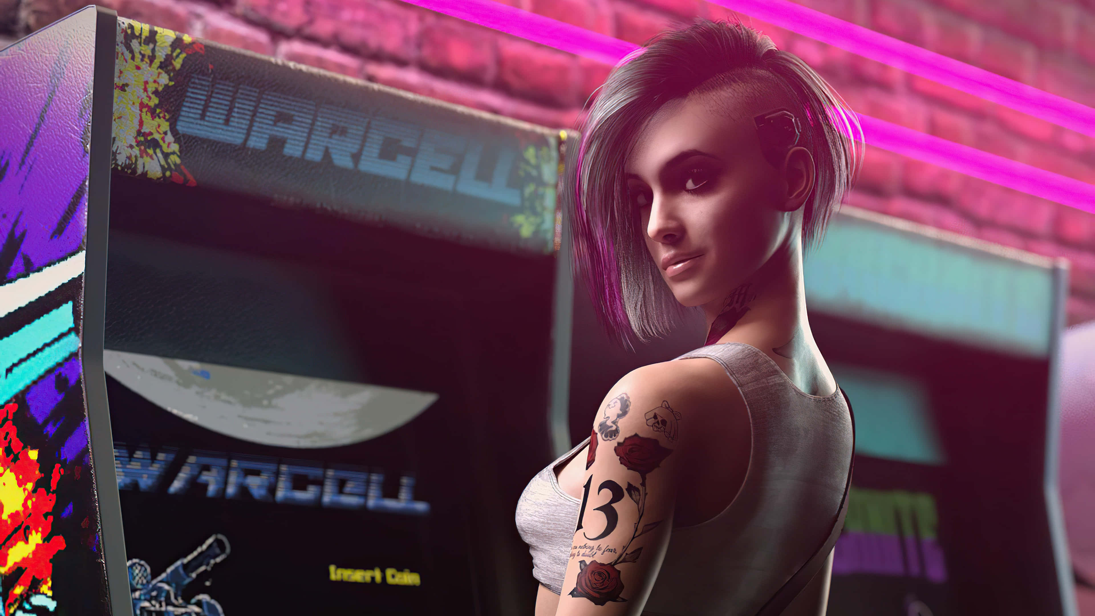 cyberpunk woman, short gray hair, tattoos, 4K Desktop Wallpaper