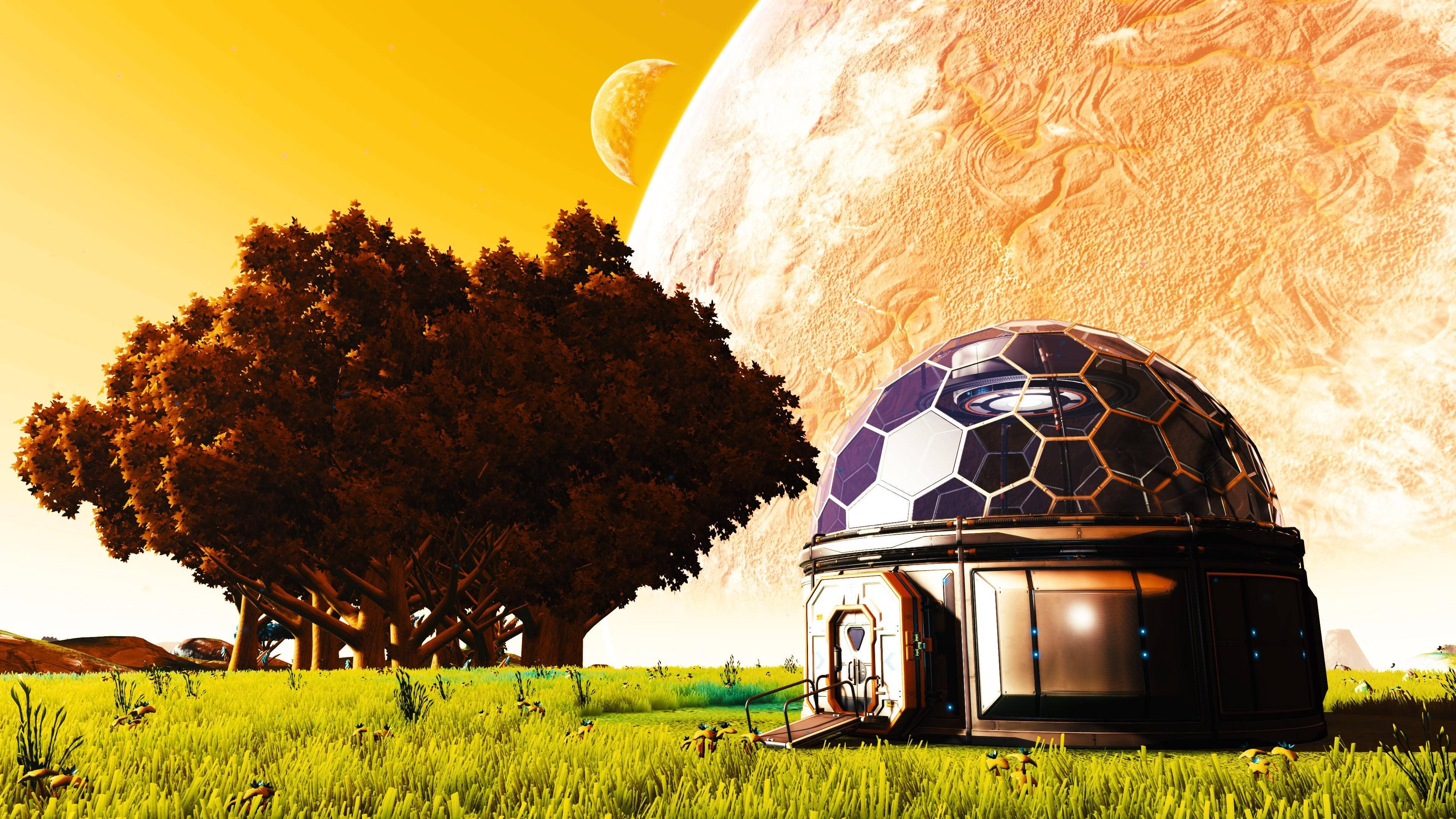 futuristic hexagonal dome house, grassy field, large tree, 4K Desktop Wallpaper