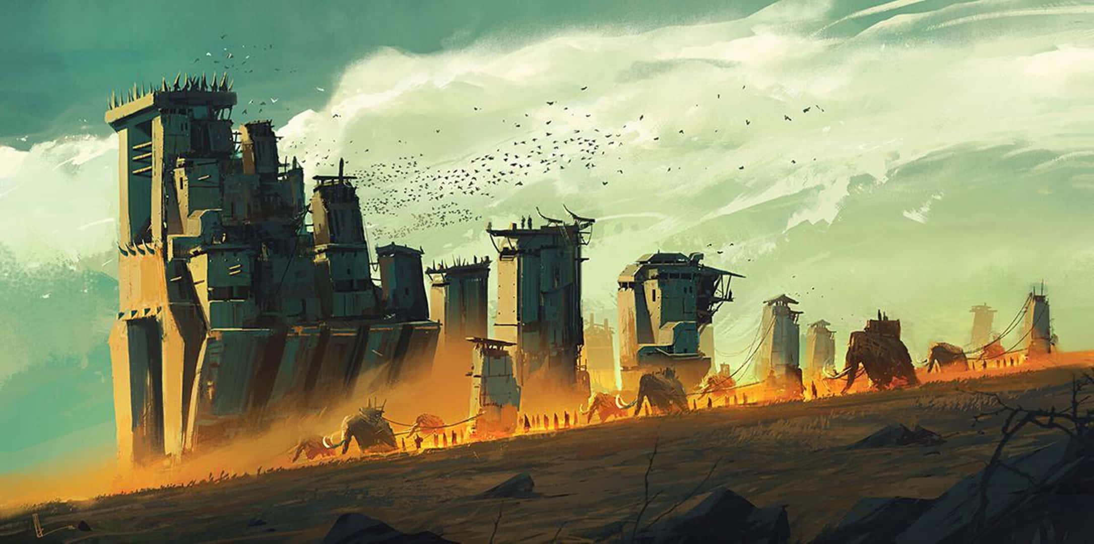 desolate wasteland, crumbling futuristic towers, massive beasts, Full HD Desktop Wallpaper