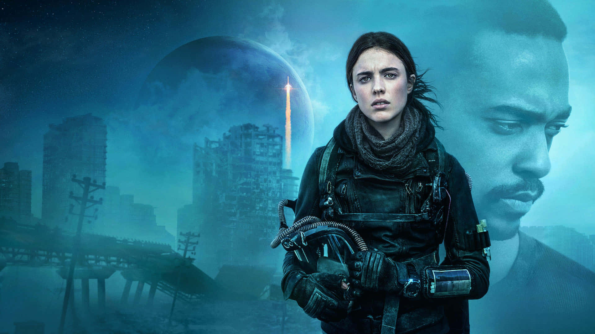 futuristic gear, ruined cityscape, glowing blue moon, Full HD Desktop Wallpaper