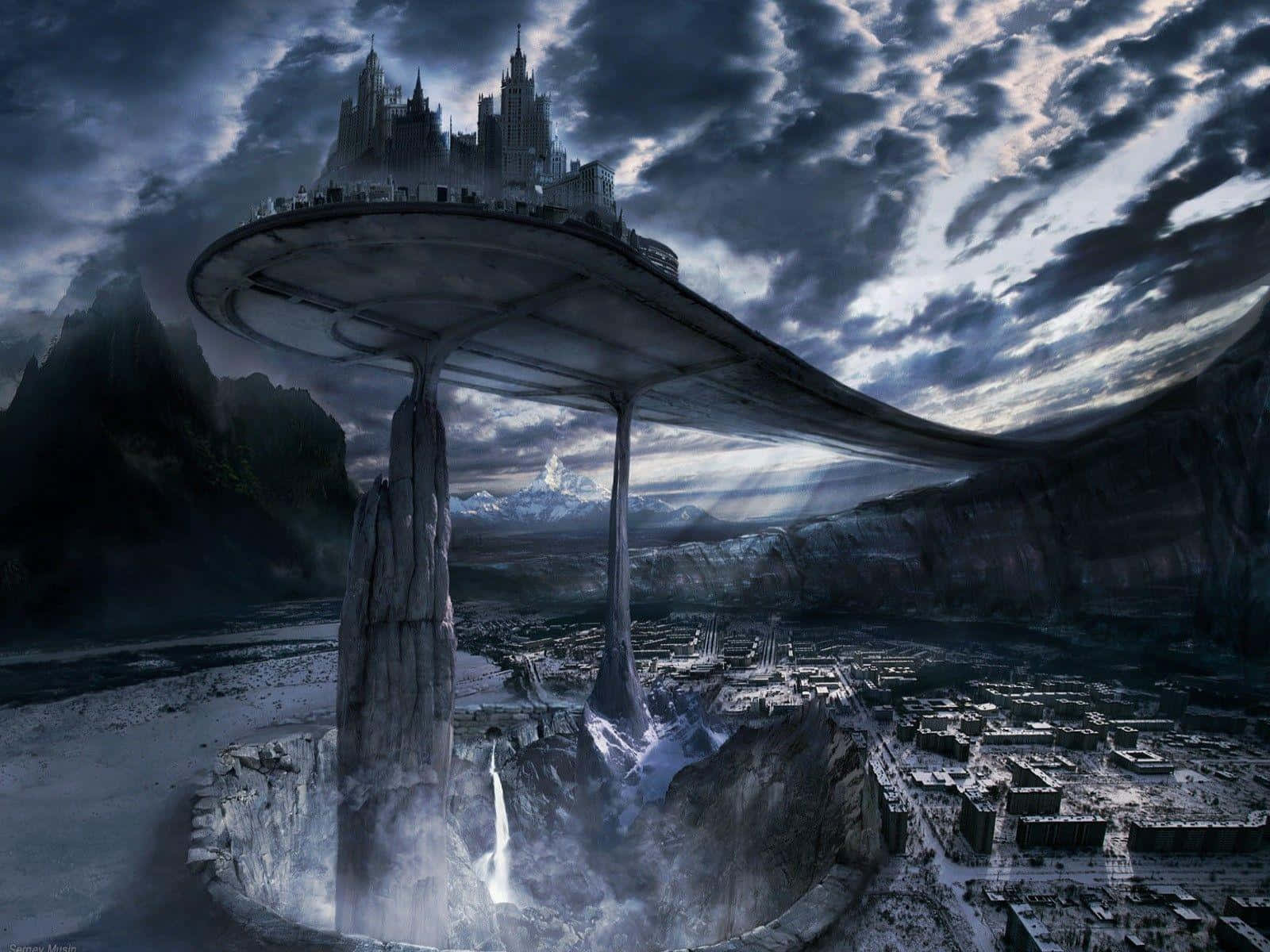 futuristic floating city, colossal pillars, desolate canyon, HD Desktop Wallpaper