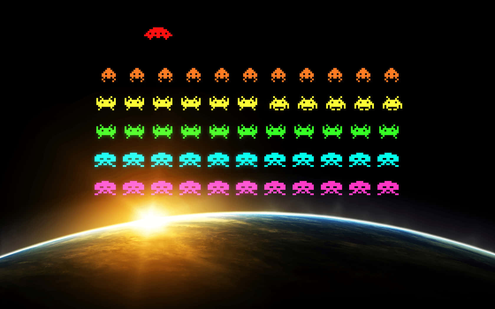 classic arcade game, pixelated alien invaders, Earth, HD Desktop Wallpaper