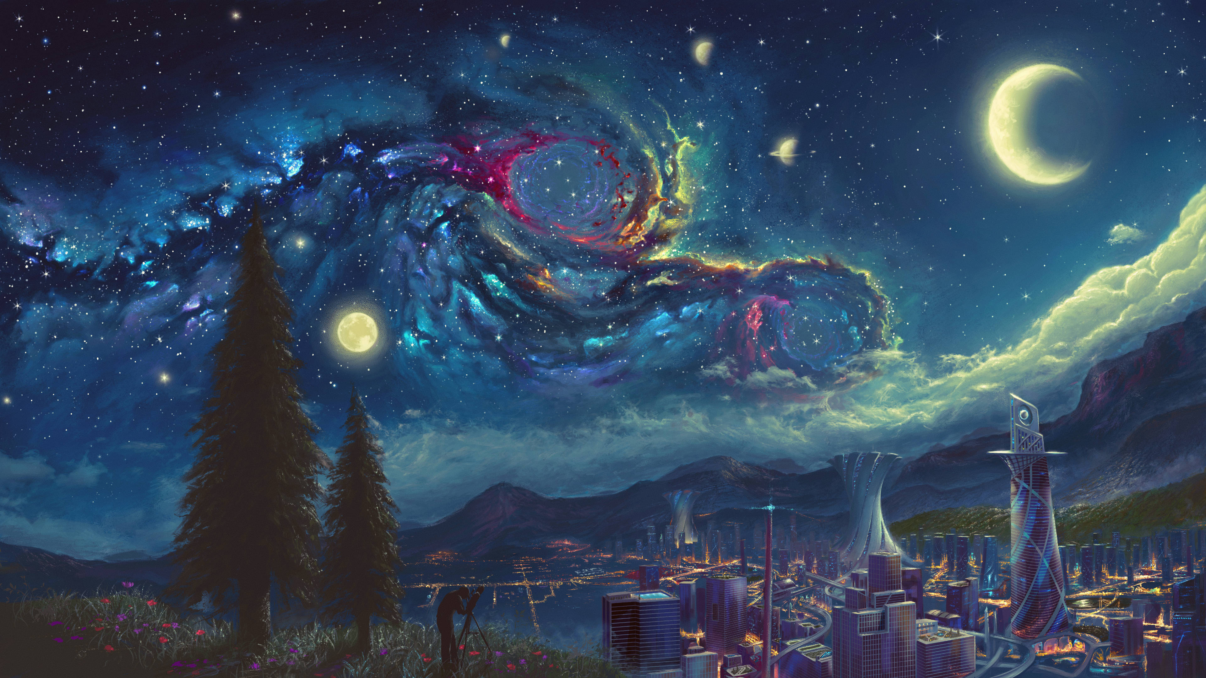 Starry Night, futuristic city, mountains, 4K Desktop Wallpaper