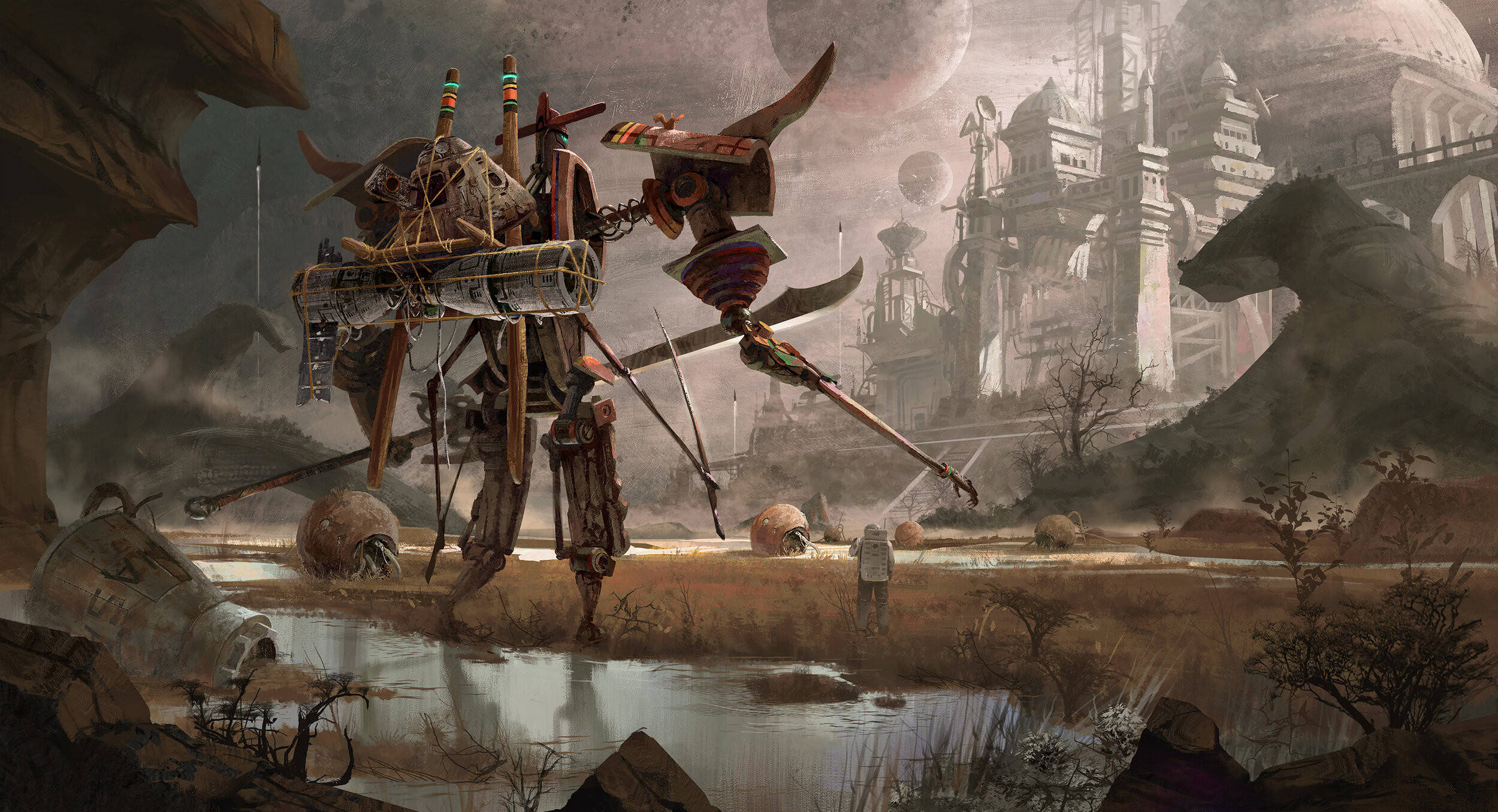 carrier mech, biomechanical creature, desolate wasteland, Full HD Desktop Wallpaper