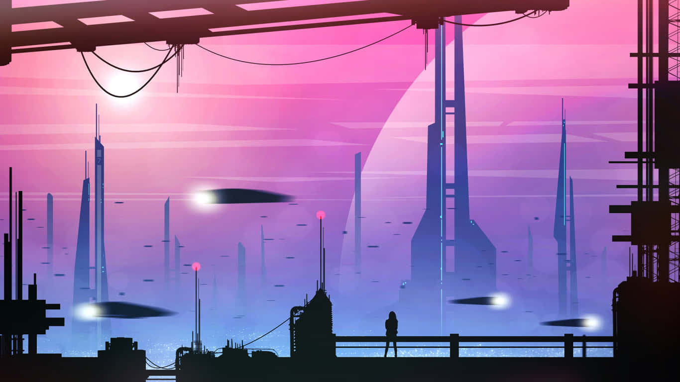 pink city, futuristic cityscape, glowing pink and purple sunset sky, HD Desktop Wallpaper