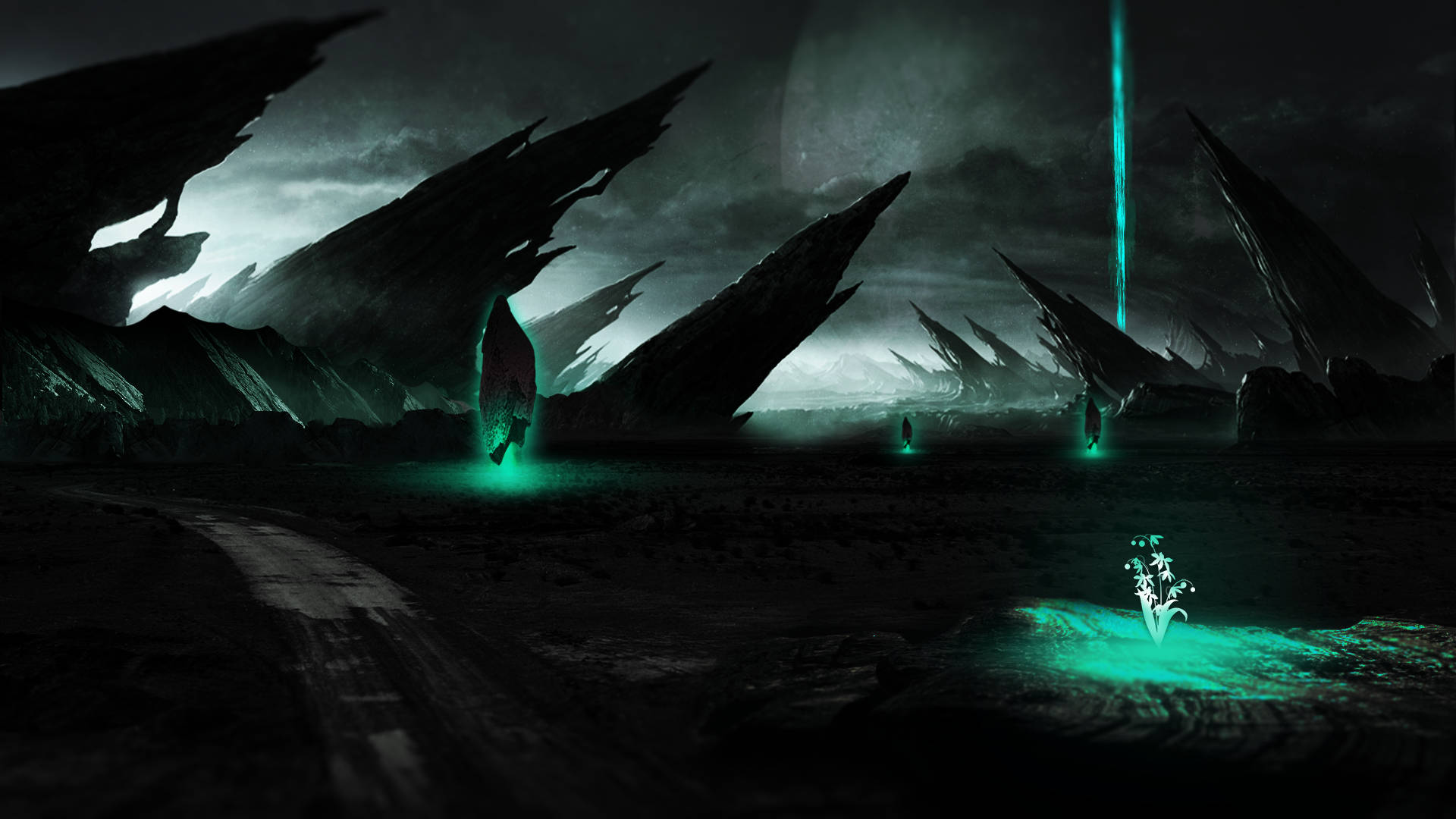green tinged sci fi landscape, jagged black rock formations, stormy sky, Full HD Desktop Wallpaper