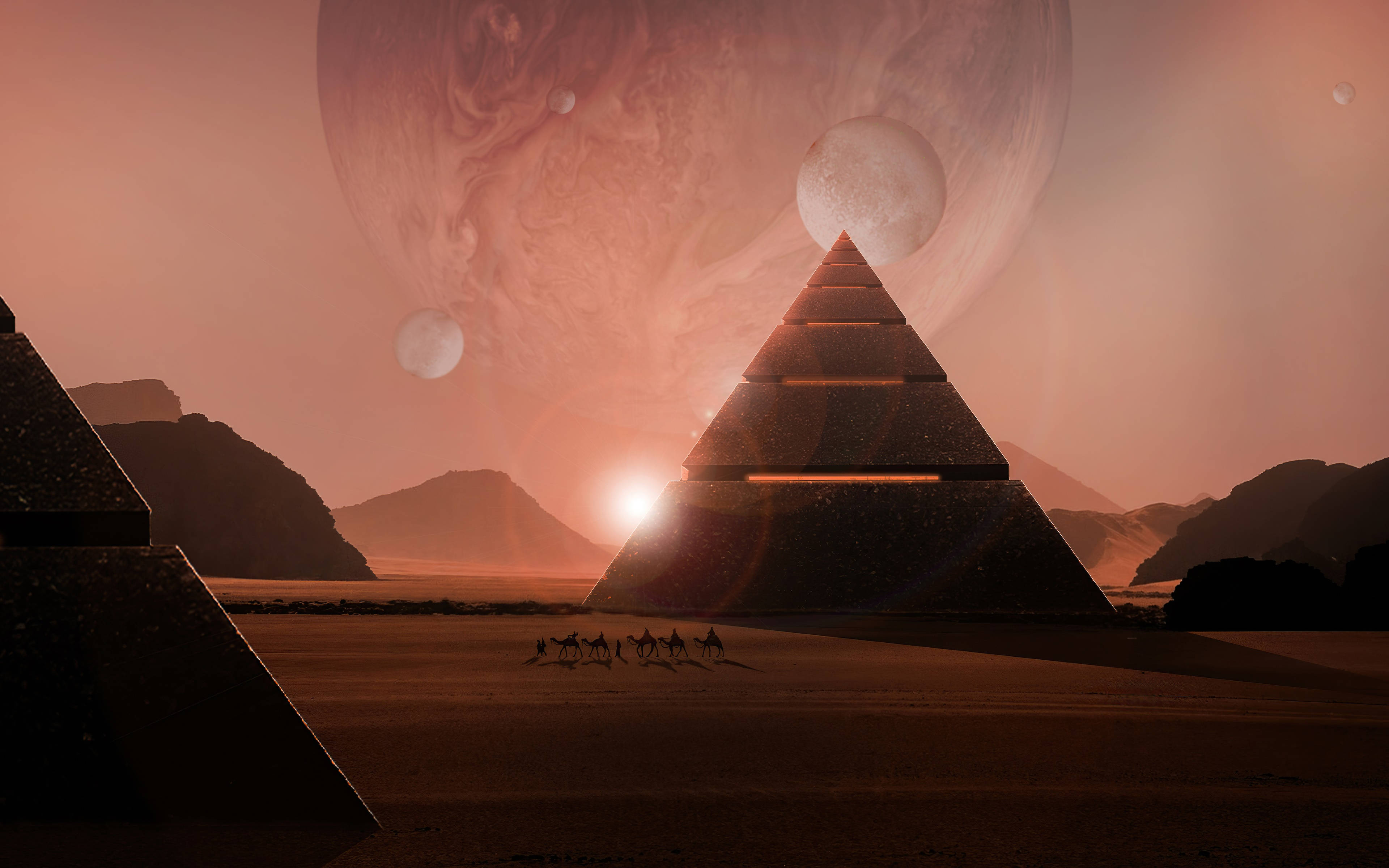 pyramid, desert, surreal sky, 4K Desktop Wallpaper