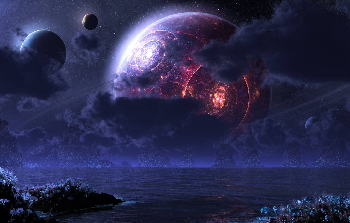 Sci Fi Landscape, manufactorium moon, glowing red and purple energy patterns, HD Desktop Wallpaper