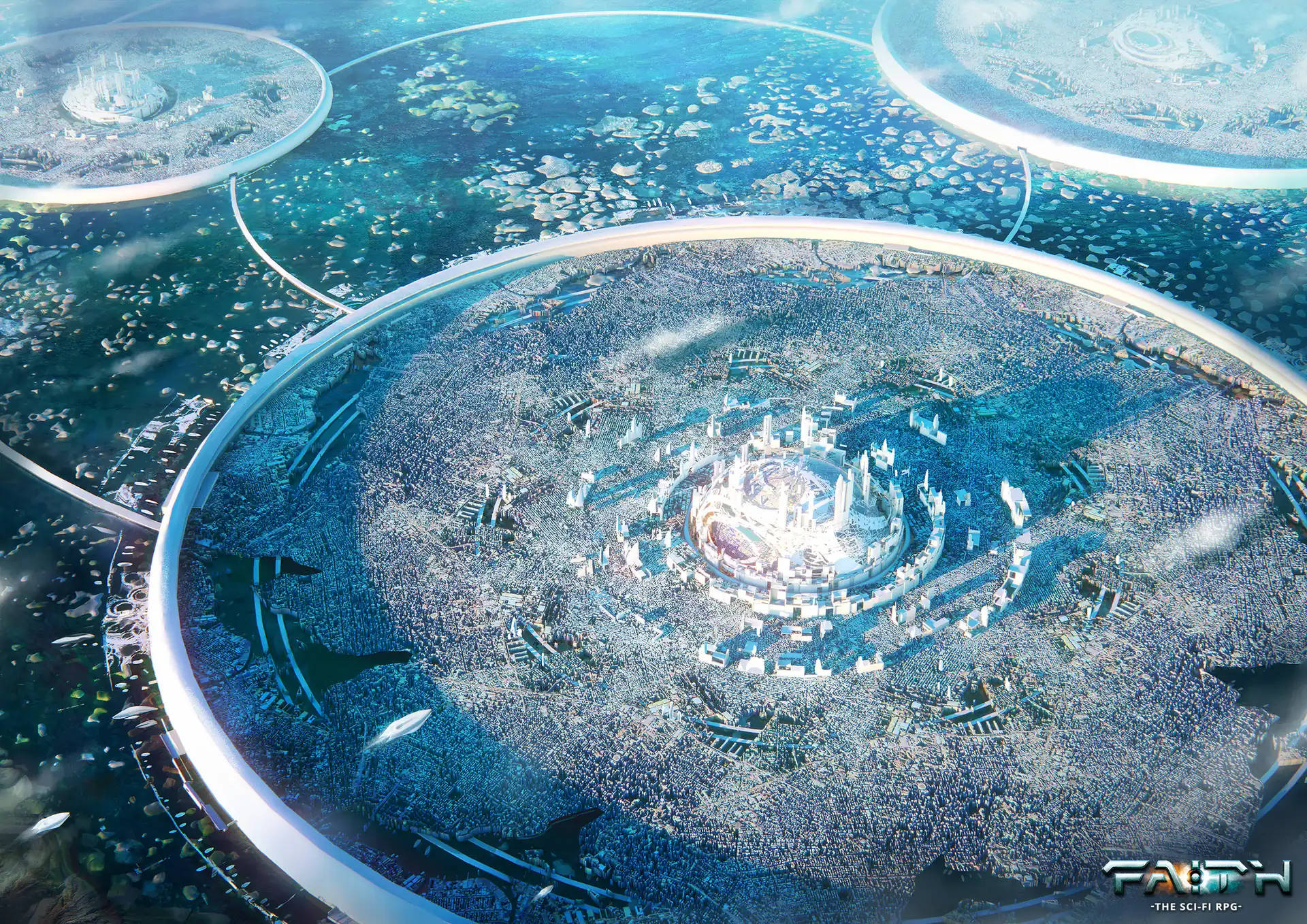 futuristic floating city, glowing rings, crystalline architecture, Full HD Desktop Wallpaper