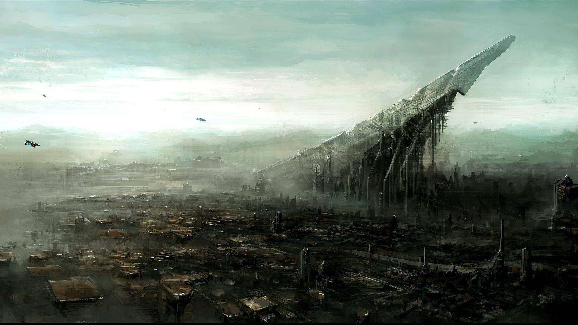 destitute apocalyptic sci fi landscape, futuristic cityscape, massive broken monolith, Full HD Desktop Wallpaper