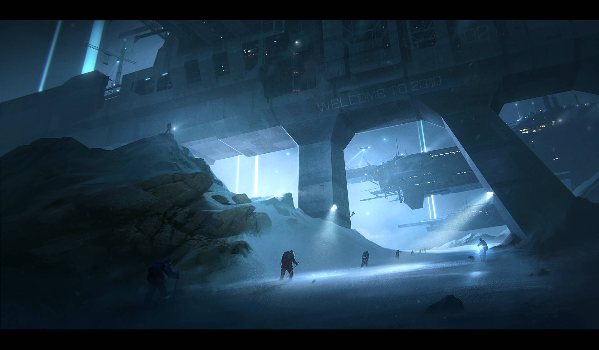 Sci-Fi Landscape, snowy alien canyon, massive futuristic structure, Full HD Desktop Wallpaper