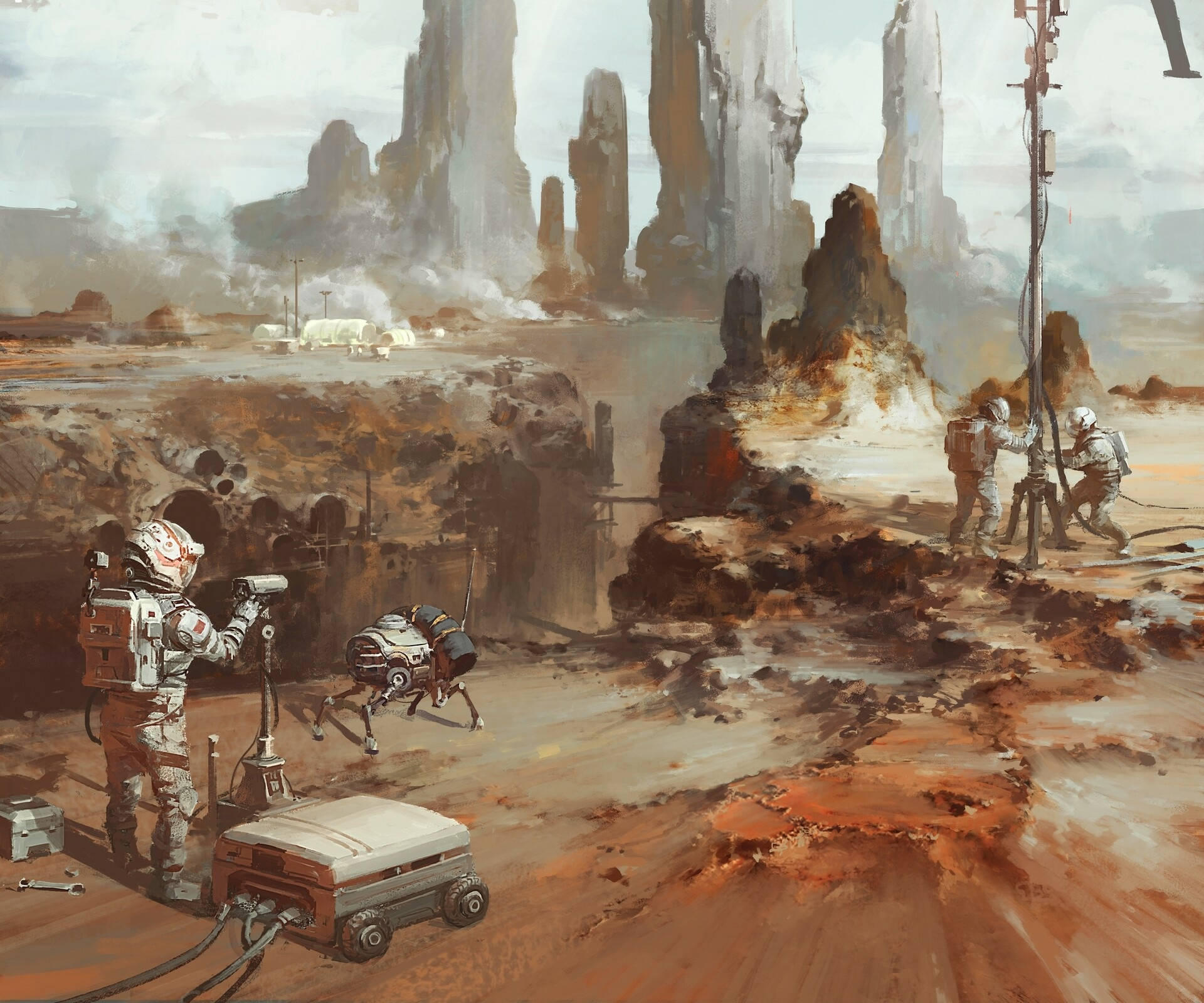 Sci-Fi Landscape, astronauts, bulky suits, Full HD Desktop Wallpaper
