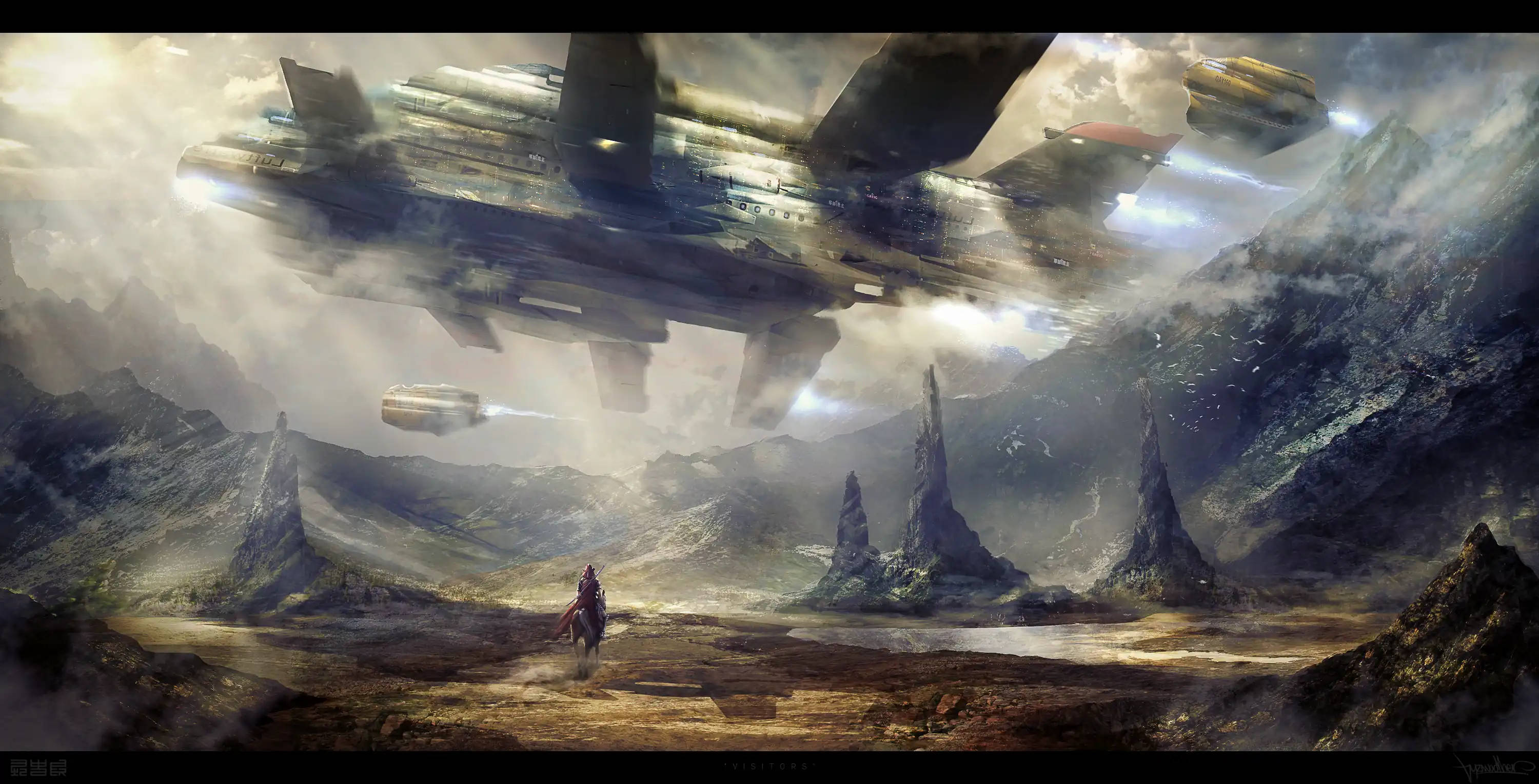 airship, futuristic sci-fi landscape, warships, 2K Desktop Wallpaper