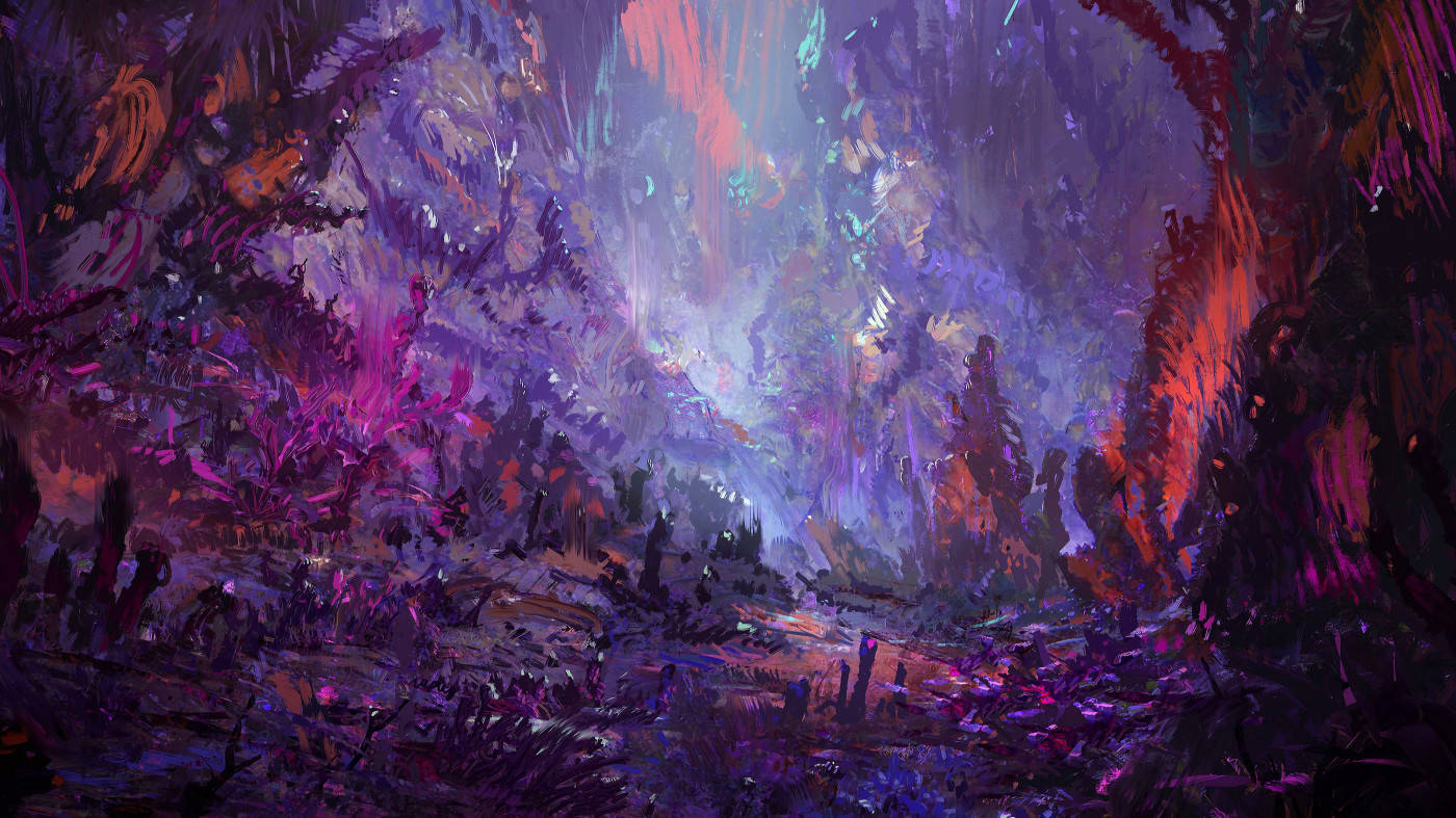 purple alien landscape, mystical forest, glowing with purple and orange hues, HD Desktop Wallpaper