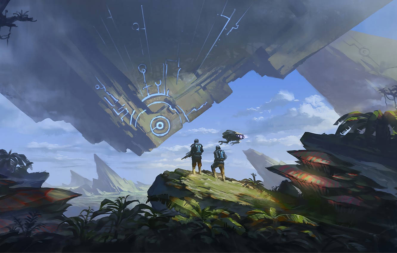 alien pyramid, colossal floating ruin, glowing blue symbols, HD Desktop Wallpaper