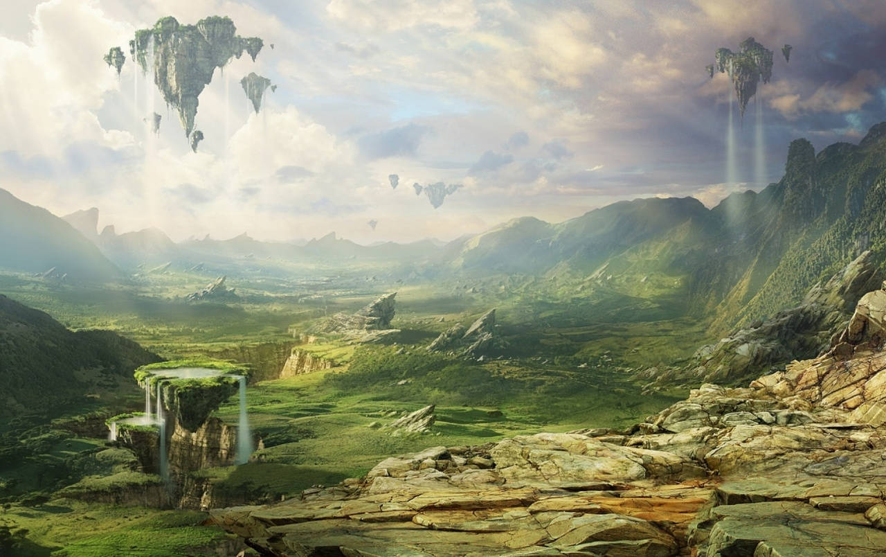 Sci-Fi Landscape, floating islands, cascading waterfalls, HD Desktop Wallpaper