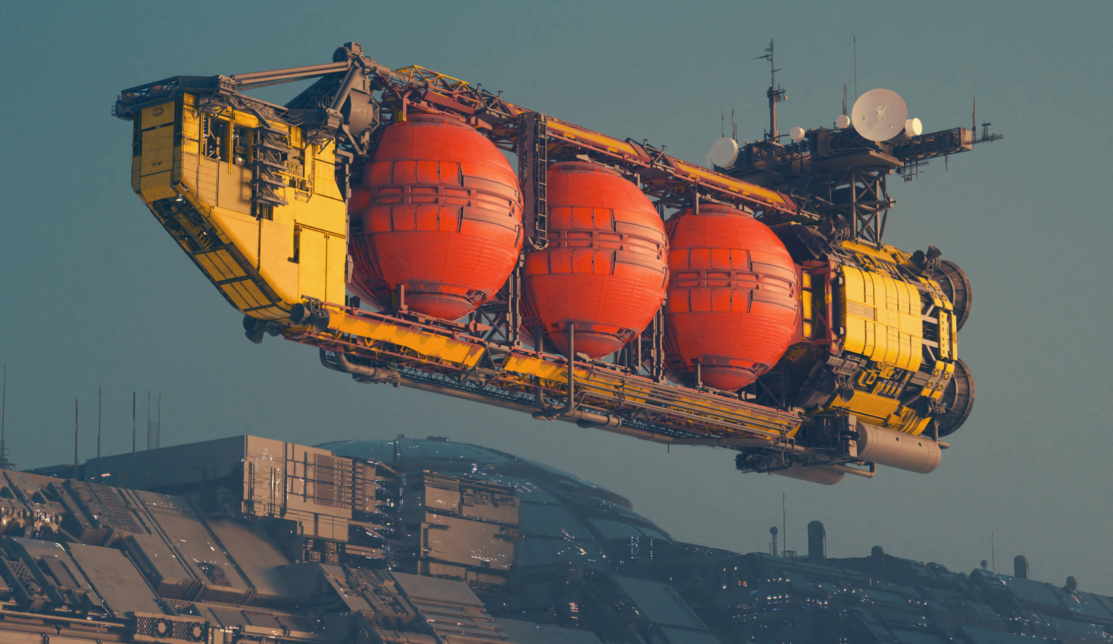 sci fi landscape, fuel tanker, futuristic flying vehicle, Full HD Desktop Wallpaper