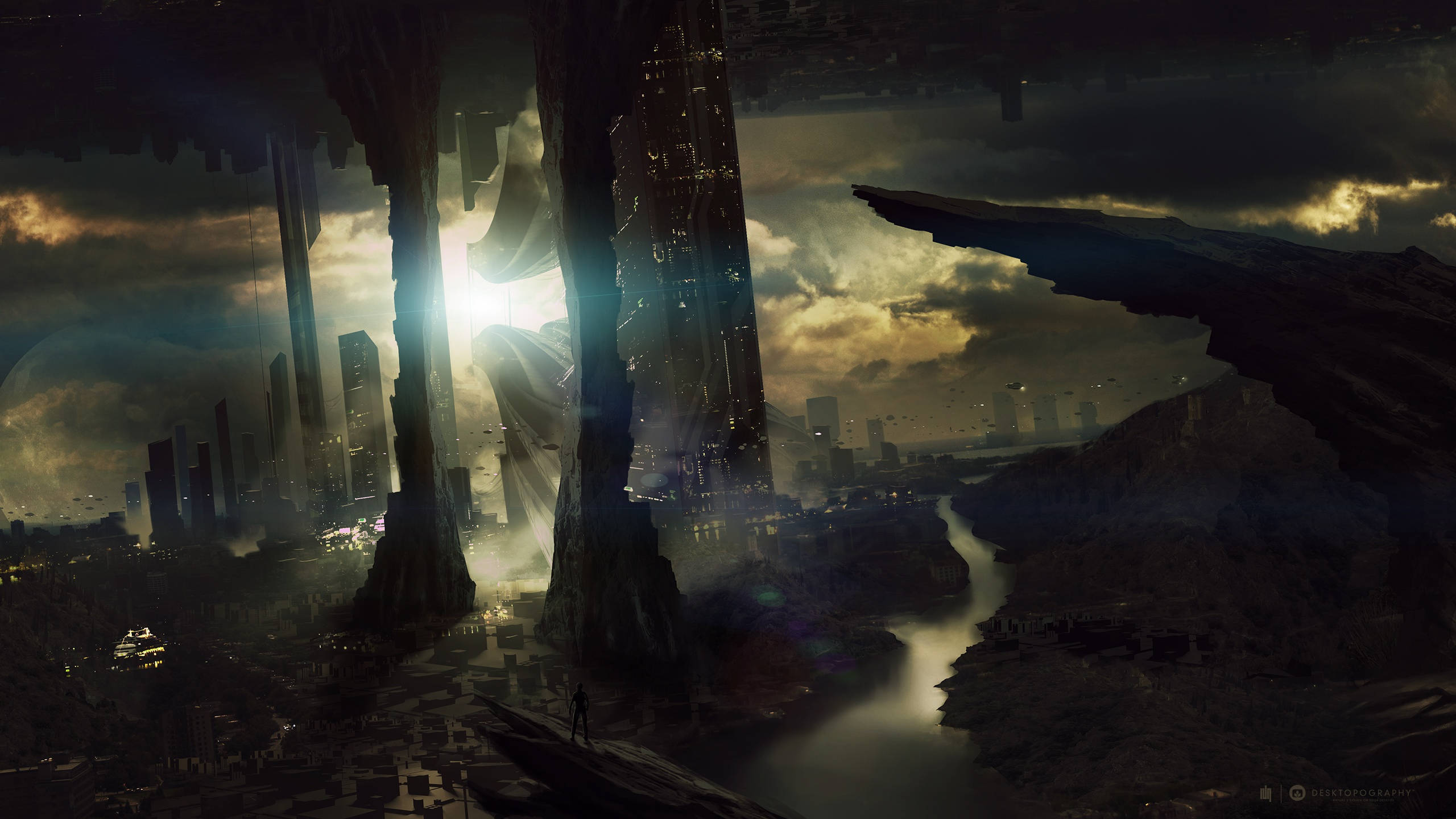 floating city, futuristic city, colossal floating structures, 2K Desktop Wallpaper
