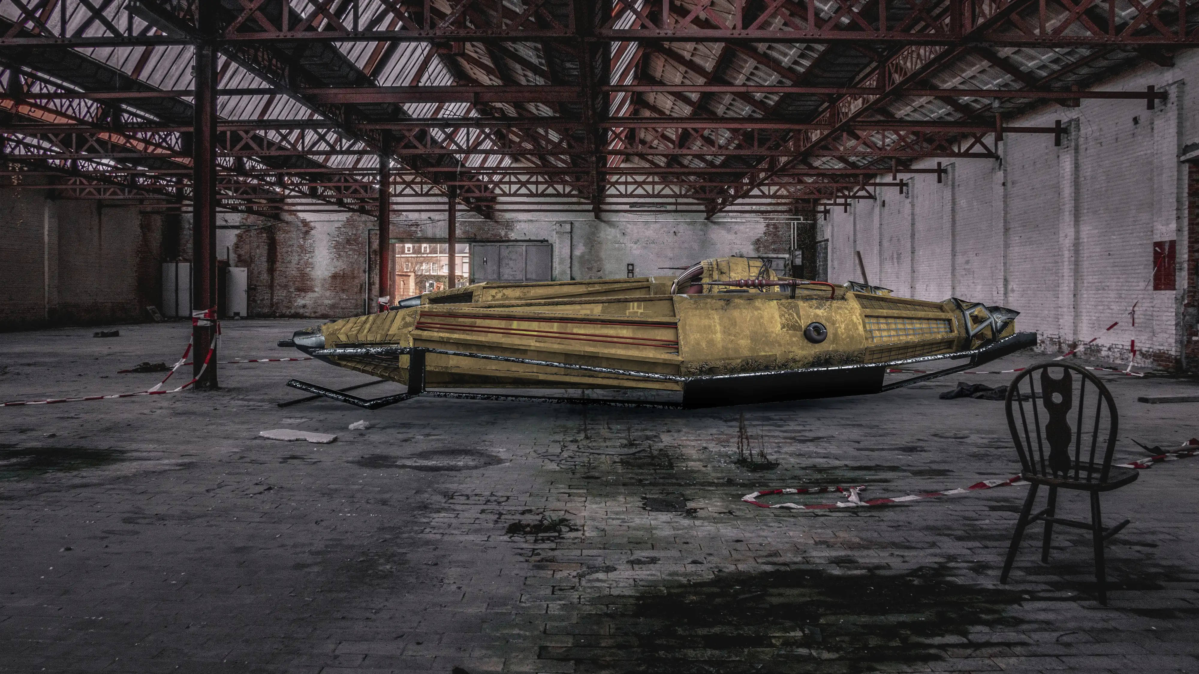 sci fi landscape warehouse sub, yellow hydroplane, decaying industrial warehouse, 4K Desktop Wallpaper