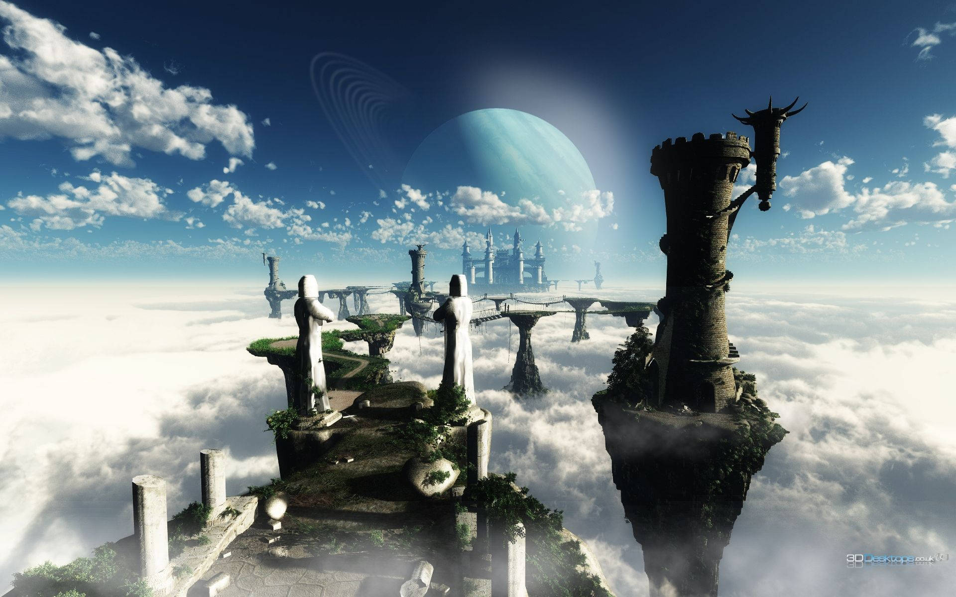 alien floating continent, floating castle ruins, statues, Full HD Desktop Wallpaper