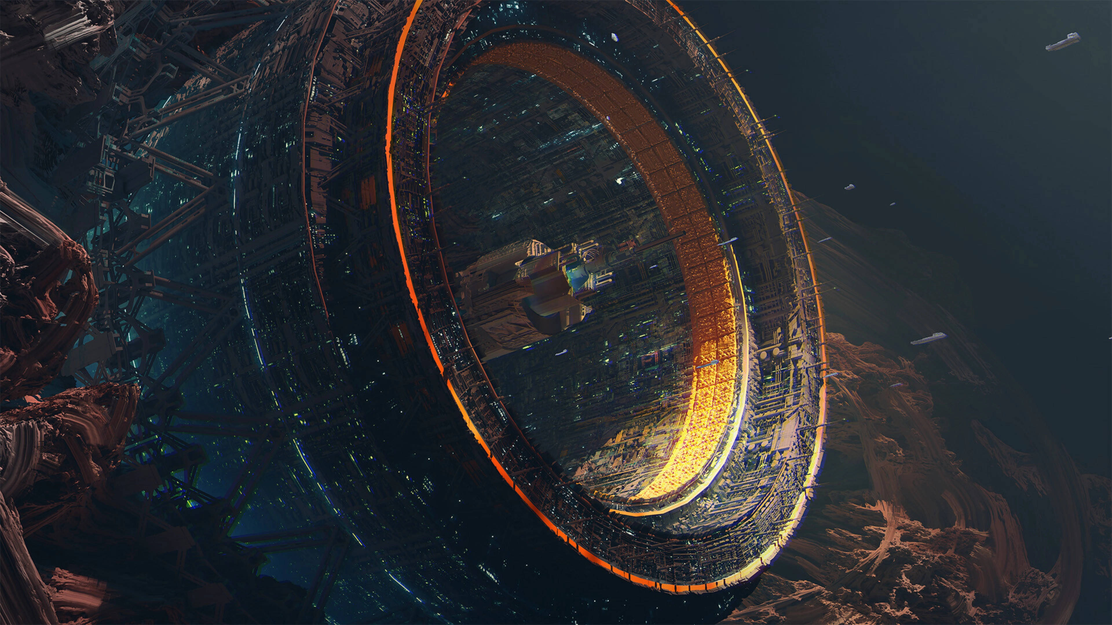sci fi landscape asteroid base, glowing ringed space station, barren planet, 4K Desktop Wallpaper
