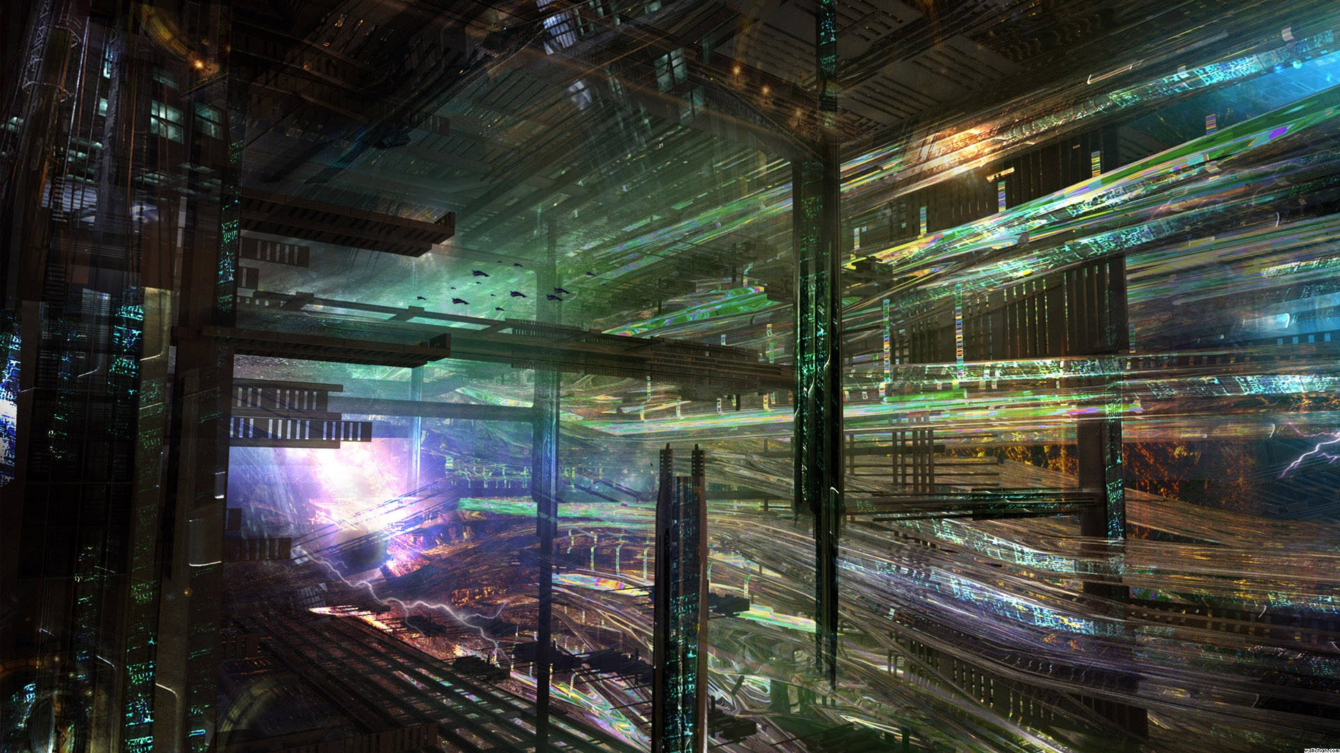 sci fi landscape trainyard, futuristic cityscape, neon lights, Full HD Desktop Wallpaper