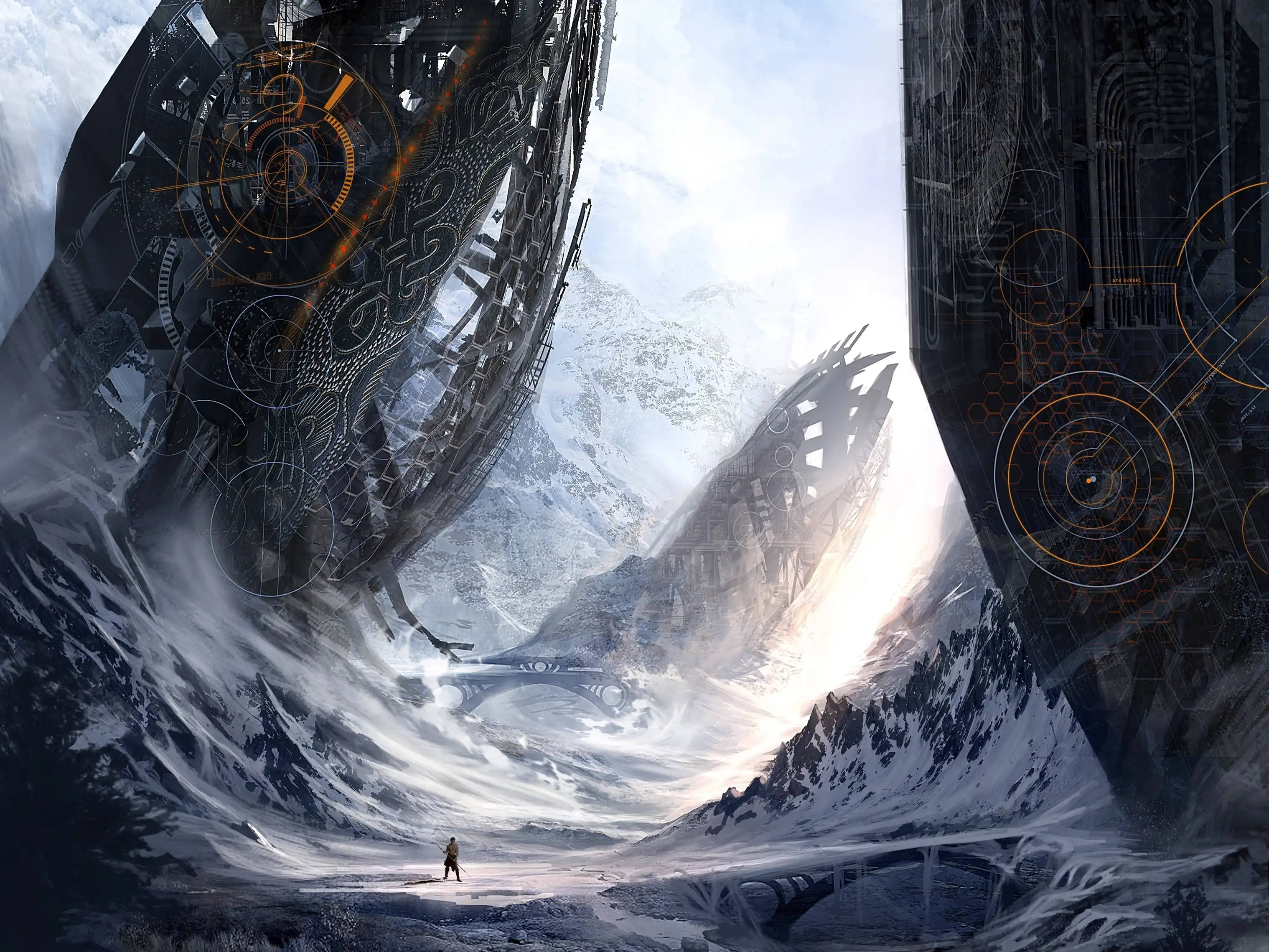 alien ships, sci fi landscape, colossal futuristic mechanical structures, 2K Desktop Wallpaper