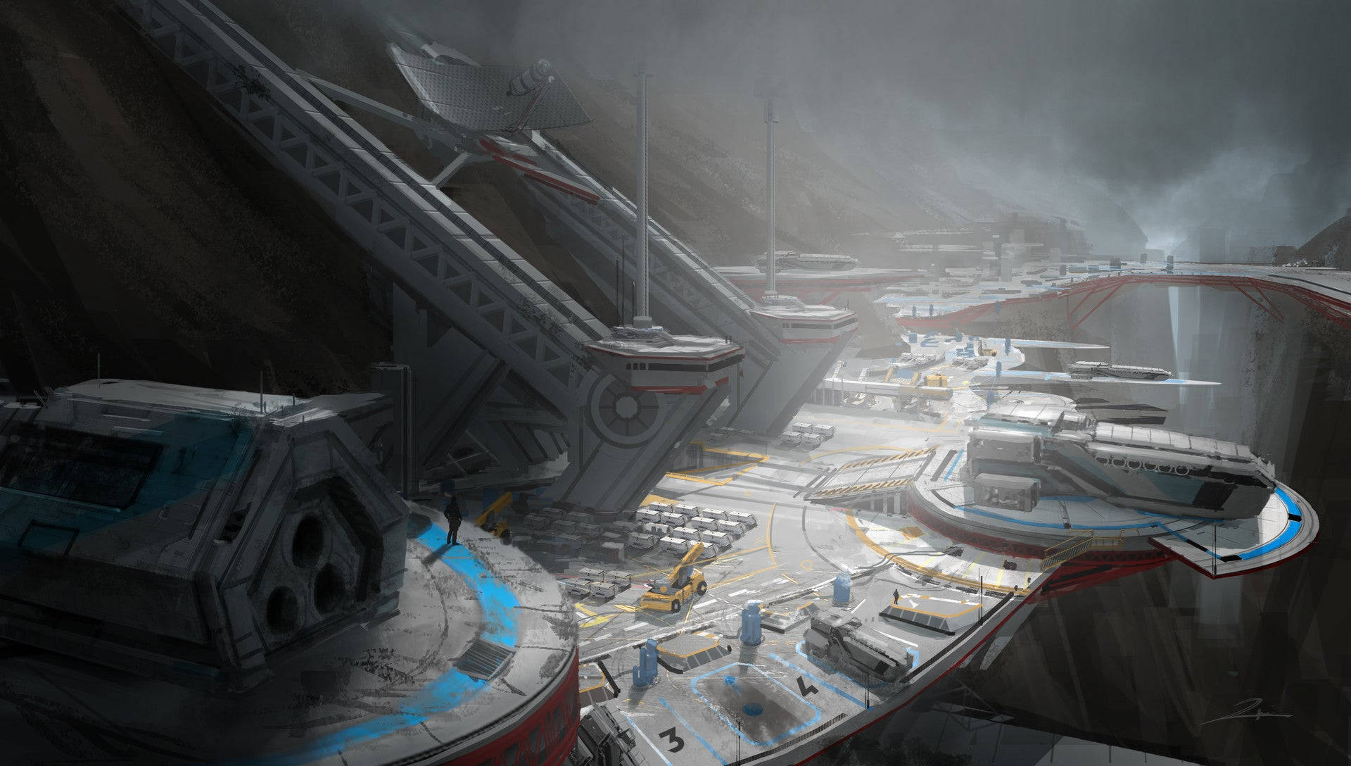 sci fi landscape spaceport, futuristic spaceport, mountainous canyon, Full HD Desktop Wallpaper