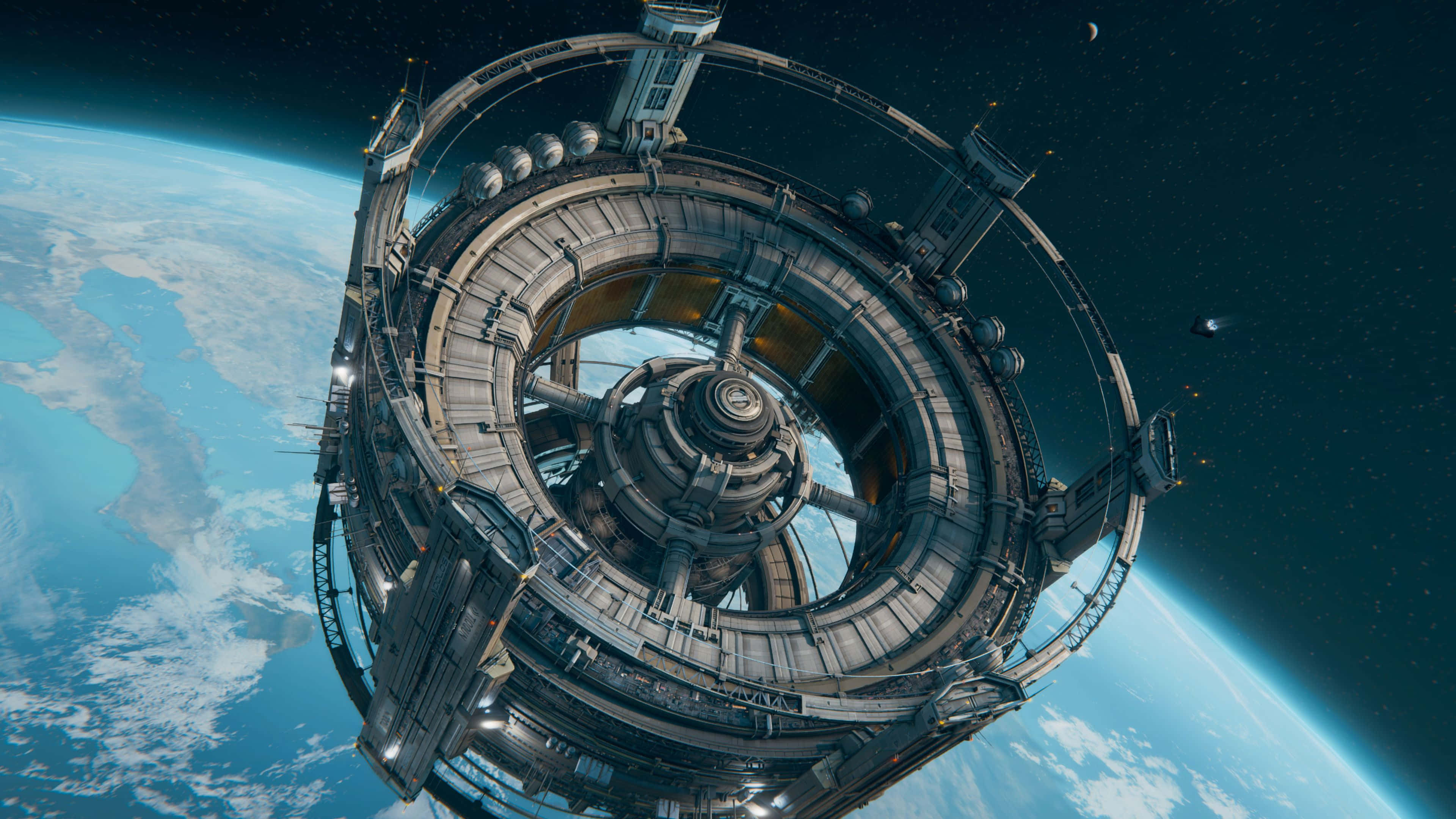 futuristic space station, intricate metallic rings, glowing panels, 4K Desktop Wallpaper