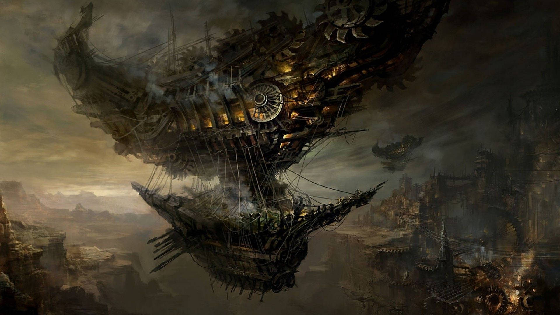 steampunk airship, glowing windows, intricate gears, Full HD Desktop Wallpaper
