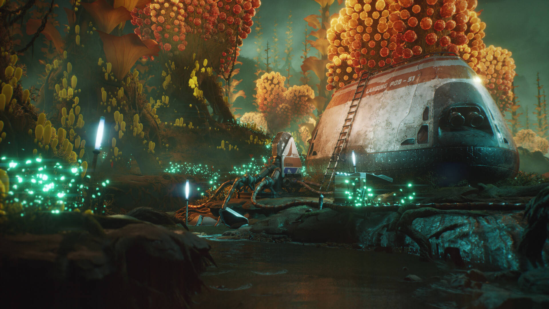 Sci-Fi Landscape Overrun Base, crashed spaceship, glowing alien flora, Full HD Desktop Wallpaper