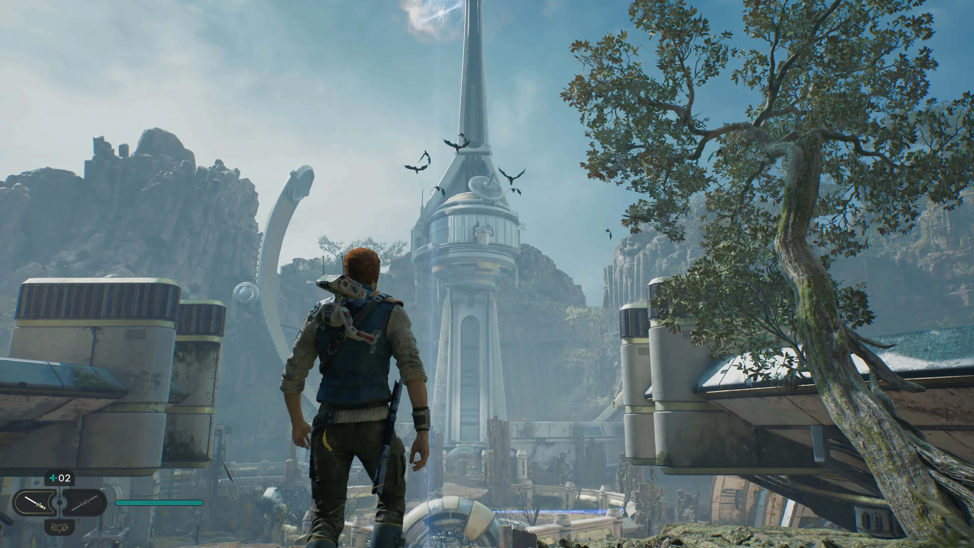 Futuristic Sci-Fi Cityscape, towering futuristic spire, rocky terrain, 4K Desktop Wallpaper
