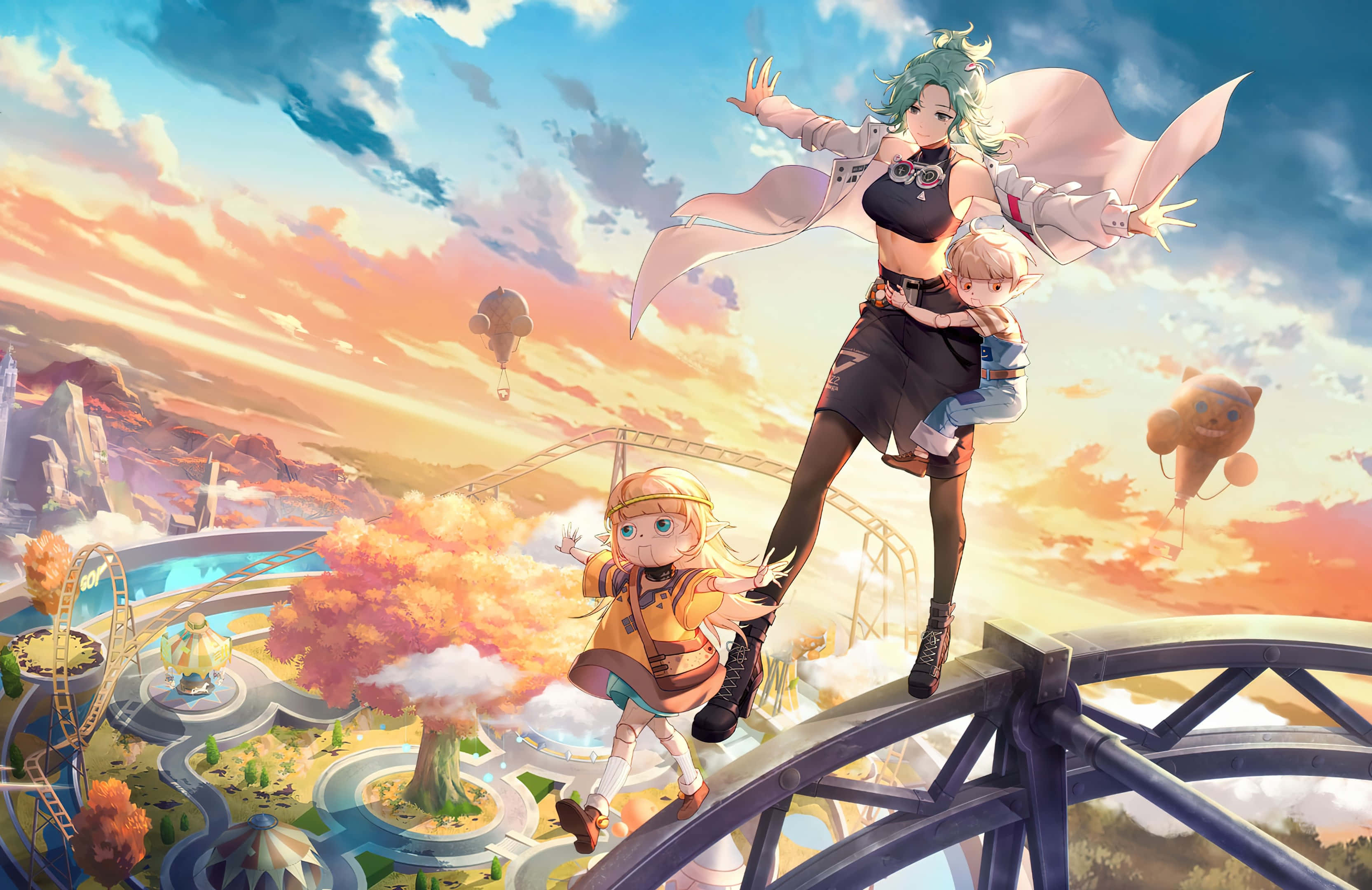 Futuristic Sci-Fi Battle Scene, anime girls, whimsical floating amusement park, 2K Desktop Wallpaper