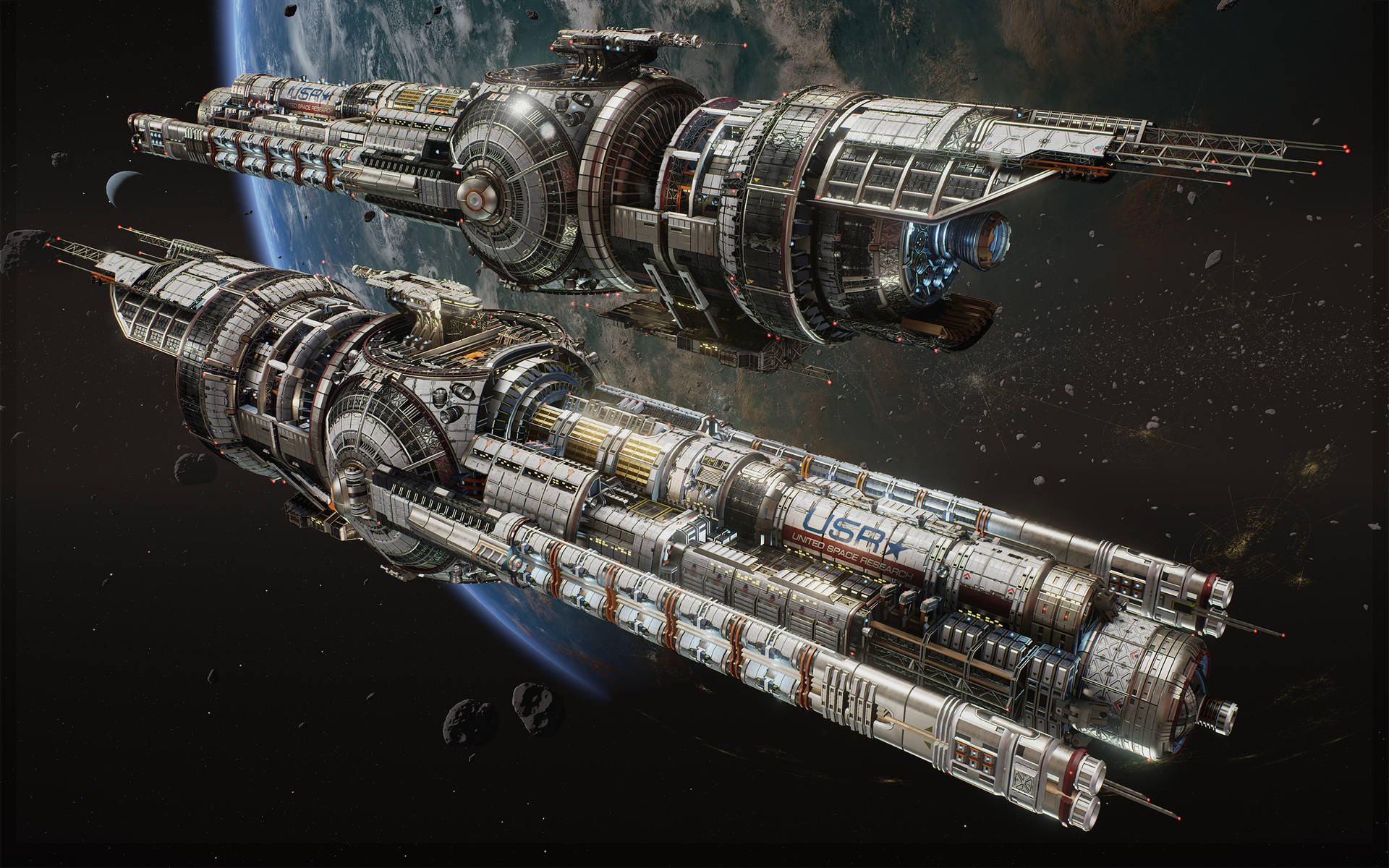 Earth, spaceships, futuristic space stations, Full HD Desktop Wallpaper