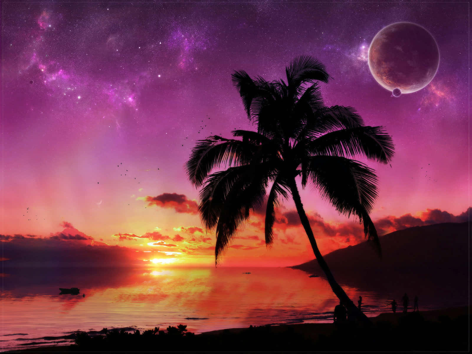 futuristic sci fi beach, vibrant purple and orange sunset, glowing moon, HD Desktop Wallpaper