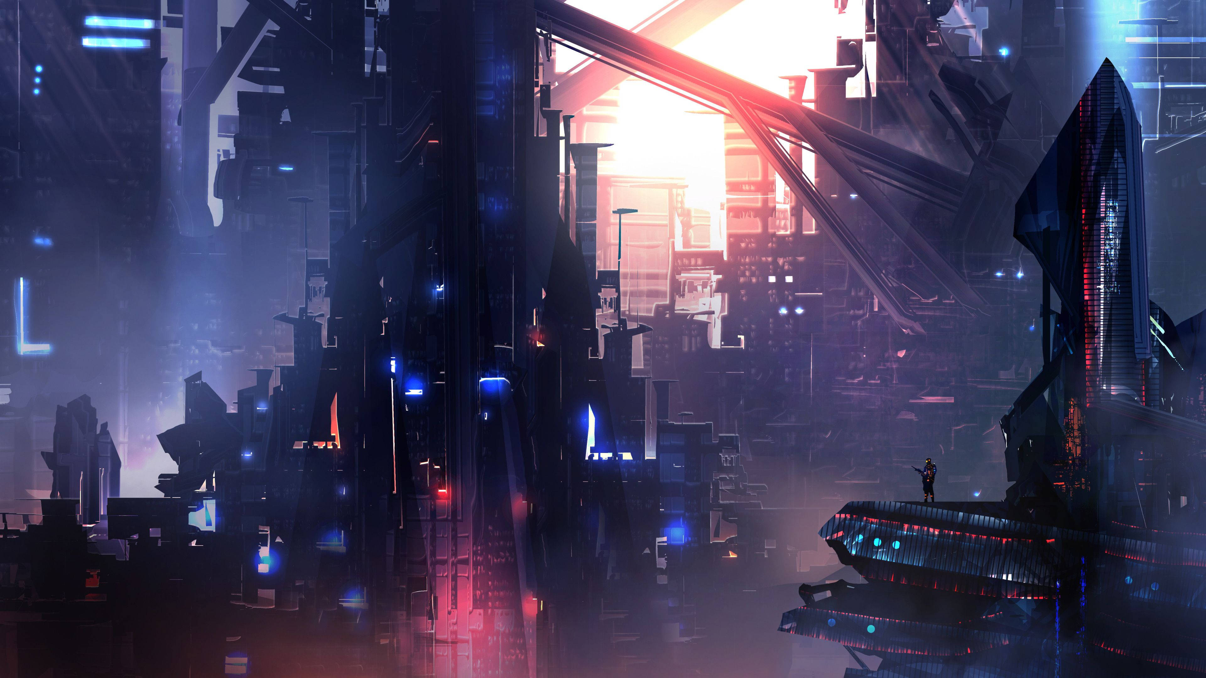 glowing platform, neon-lit skyscrapers, misty cyberpunk cityscape, 4K Desktop Wallpaper