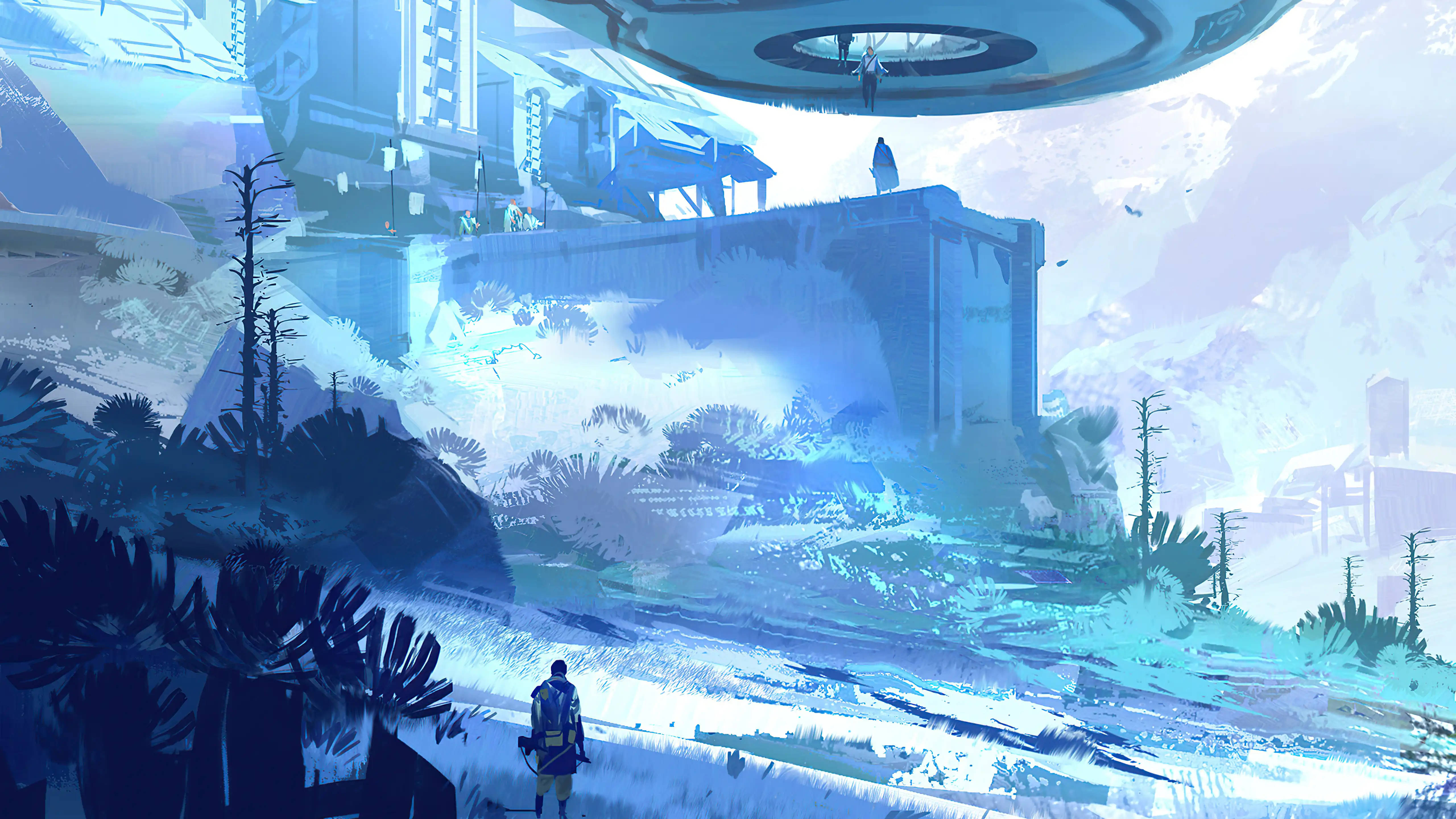 surreal blue-tinted alien landscape, hovering futuristic structure, lone figure, 5K Desktop Wallpaper