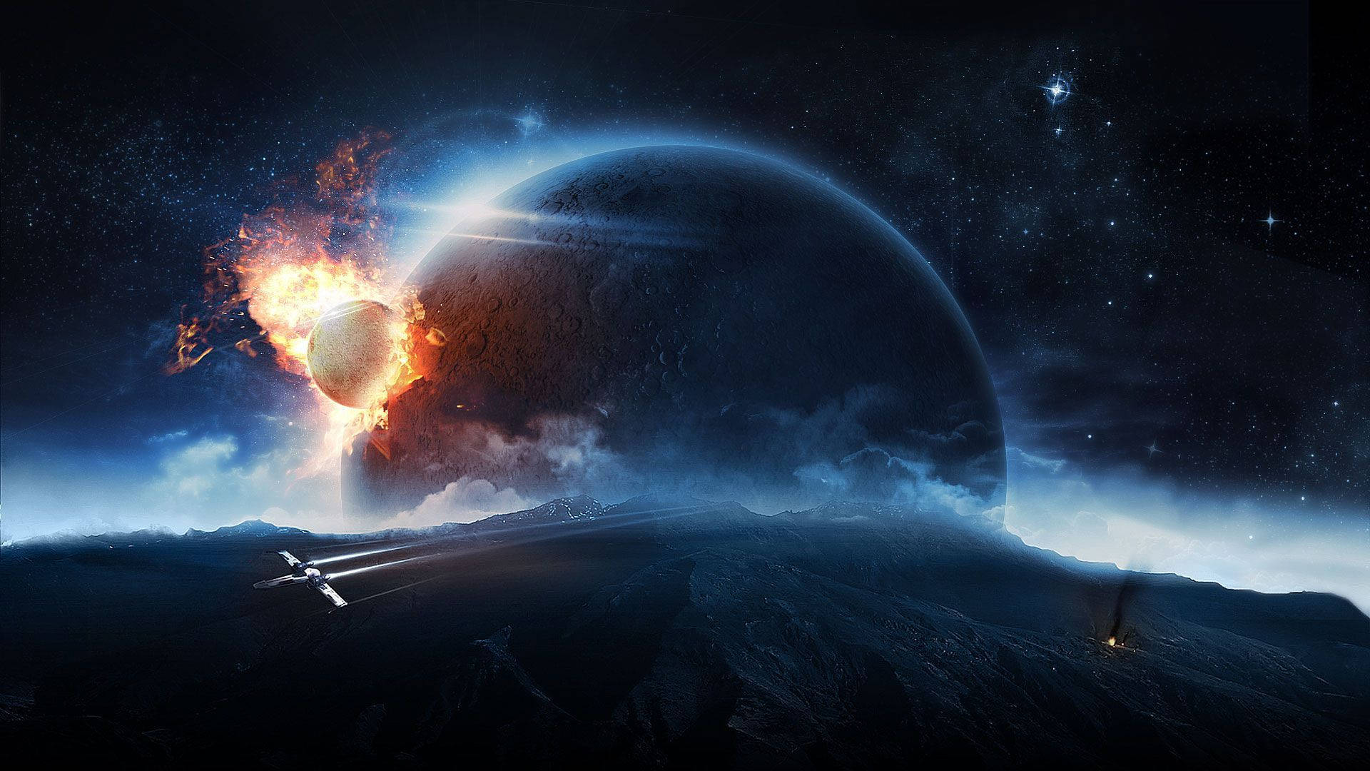 spaceship, rugged alien landscape, fiery celestial body, Full HD Desktop Wallpaper