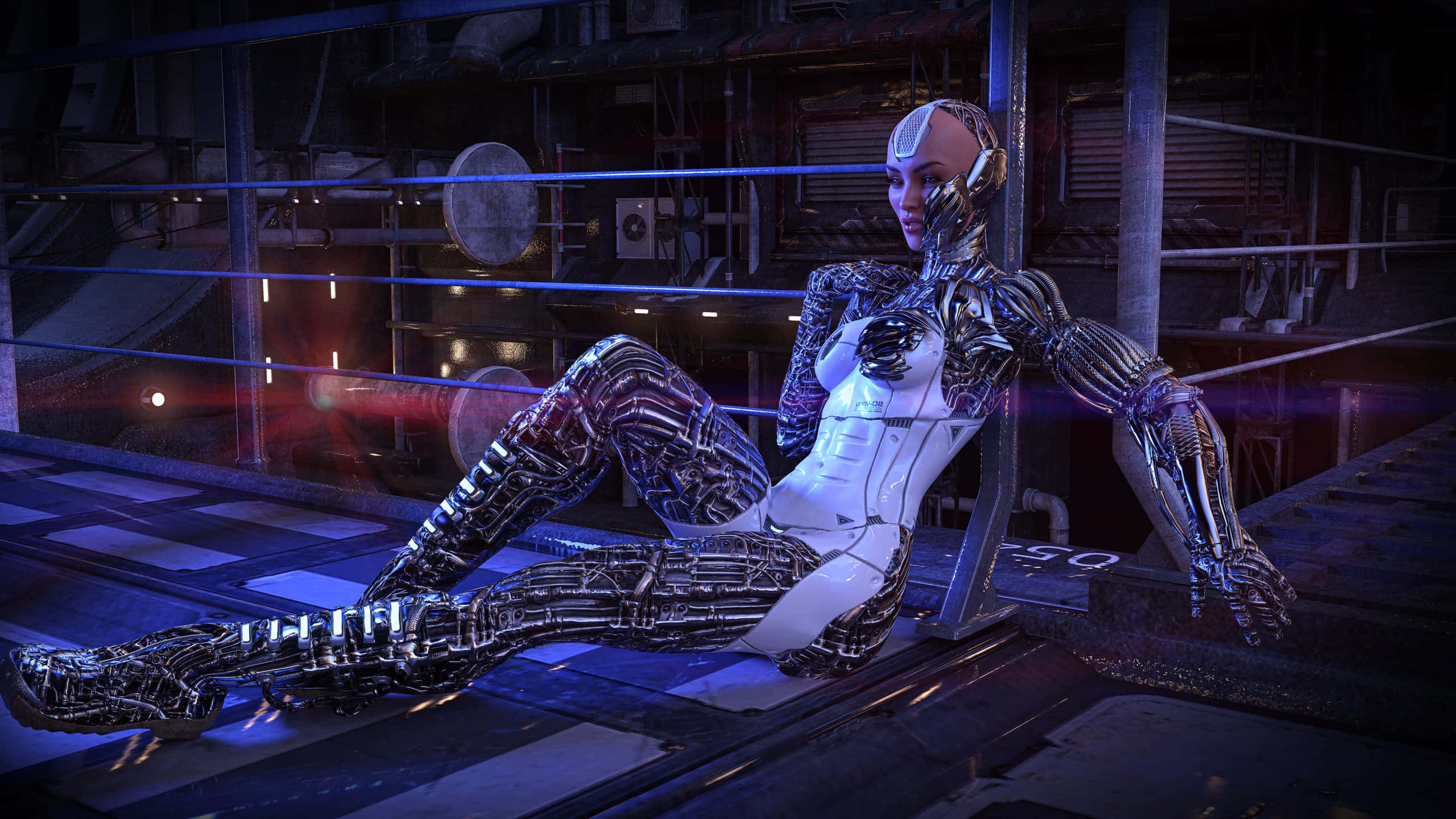 cyberpunk, futuristic female android, exposed mechanical limbs, 2K Desktop Wallpaper
