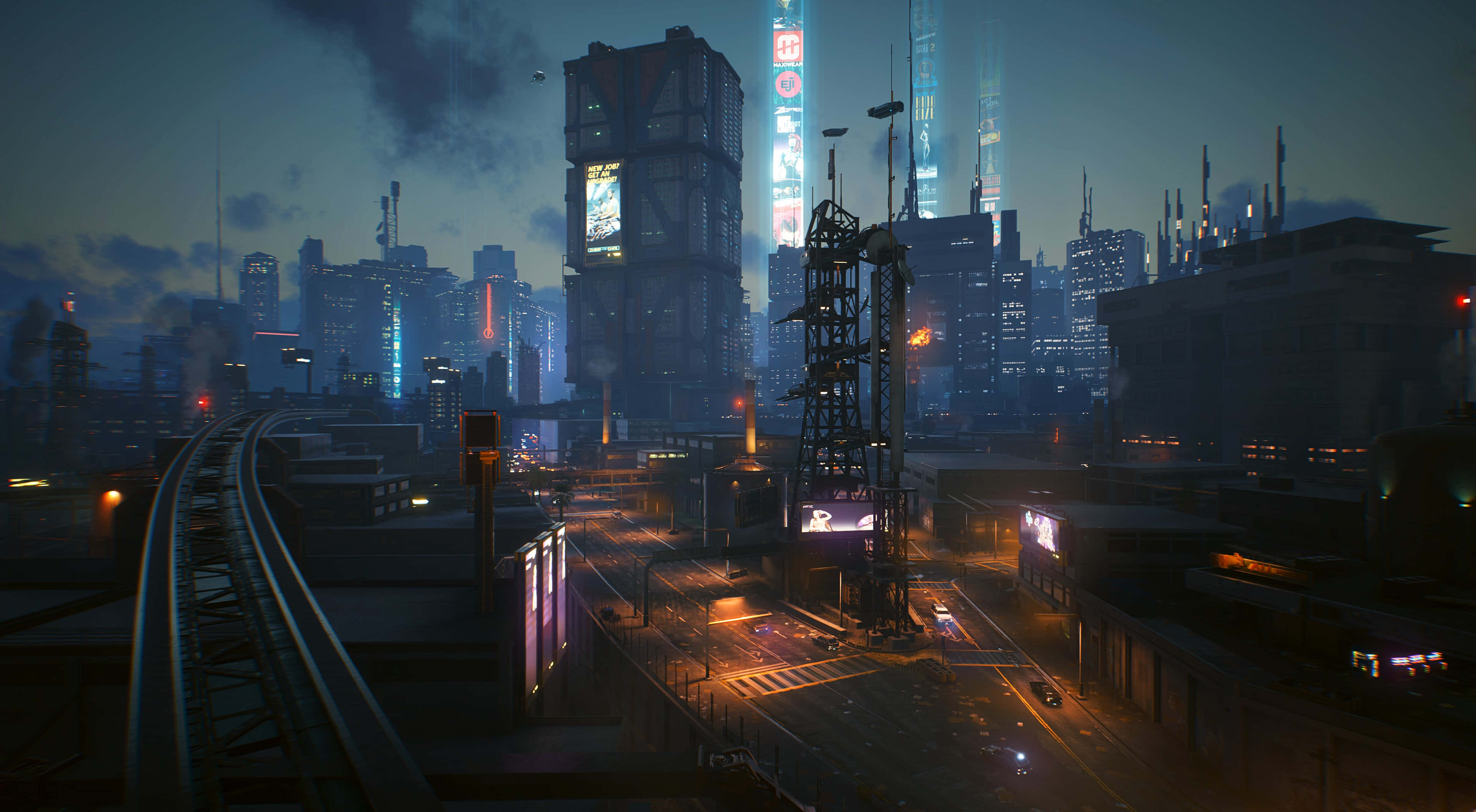 neon-lit cityscape, rain-slicked, towering skyscrapers, 4K Desktop Wallpaper