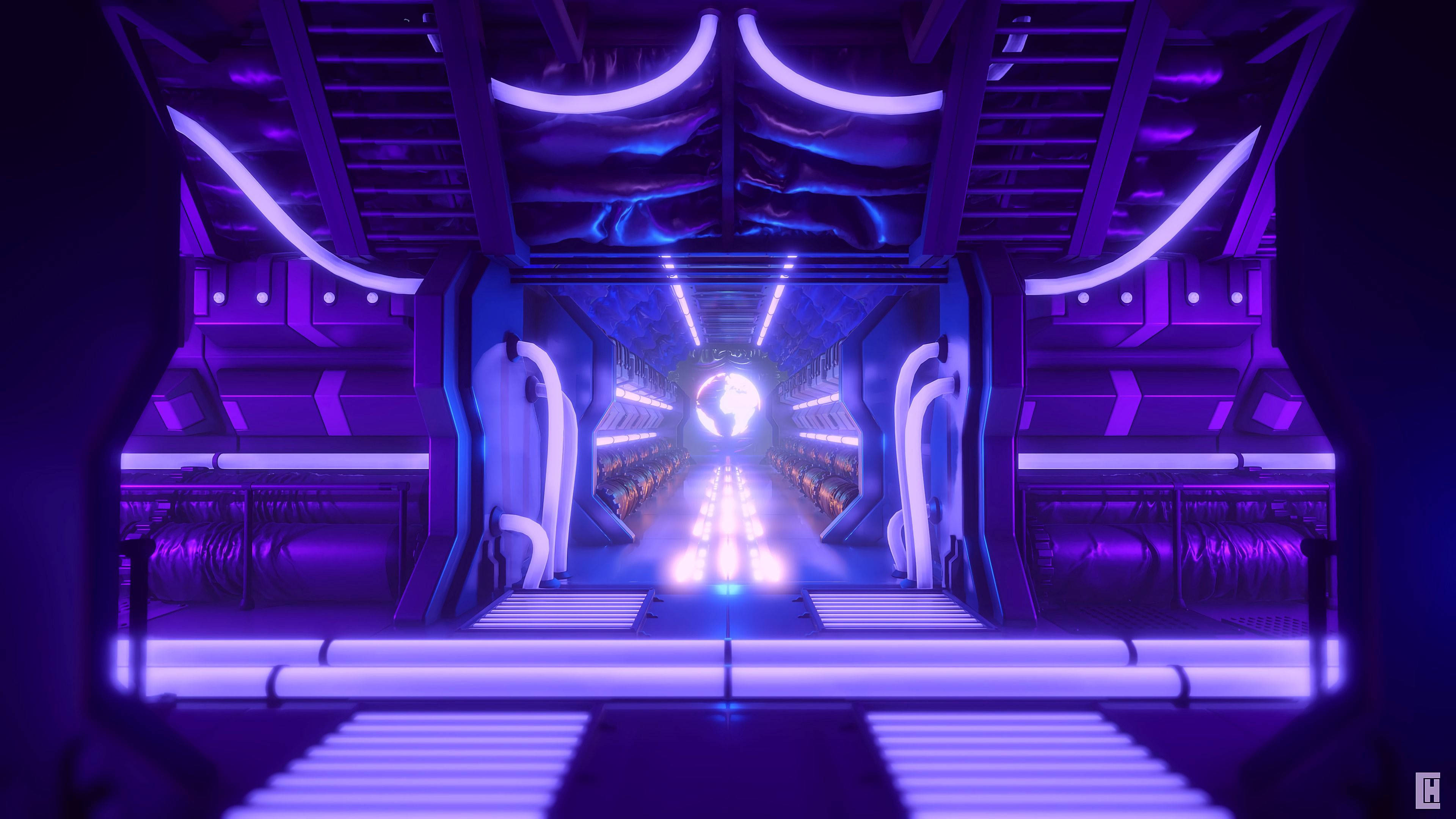 sci fi corridor, spaceship corridor, glowing purple and blue neon lights, 4K Desktop Wallpaper