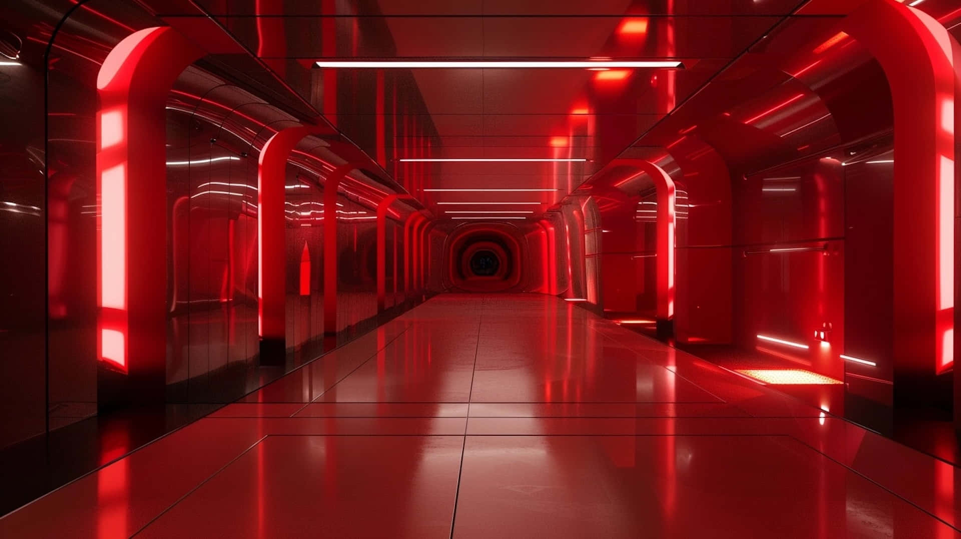 futuristic red corridor, glowing arches, reflective floors, Full HD Desktop Wallpaper