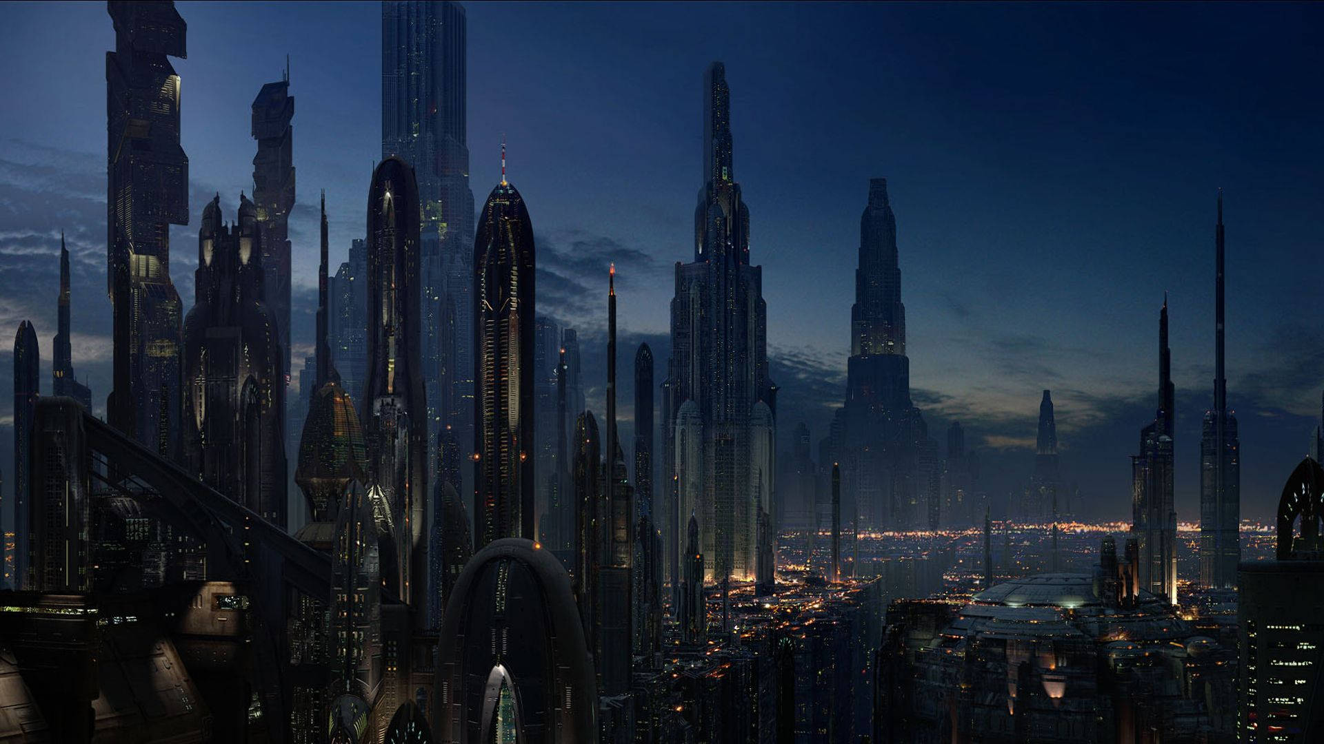 futuristic cityscape, dusk, towering skyscrapers, Full HD Desktop Wallpaper