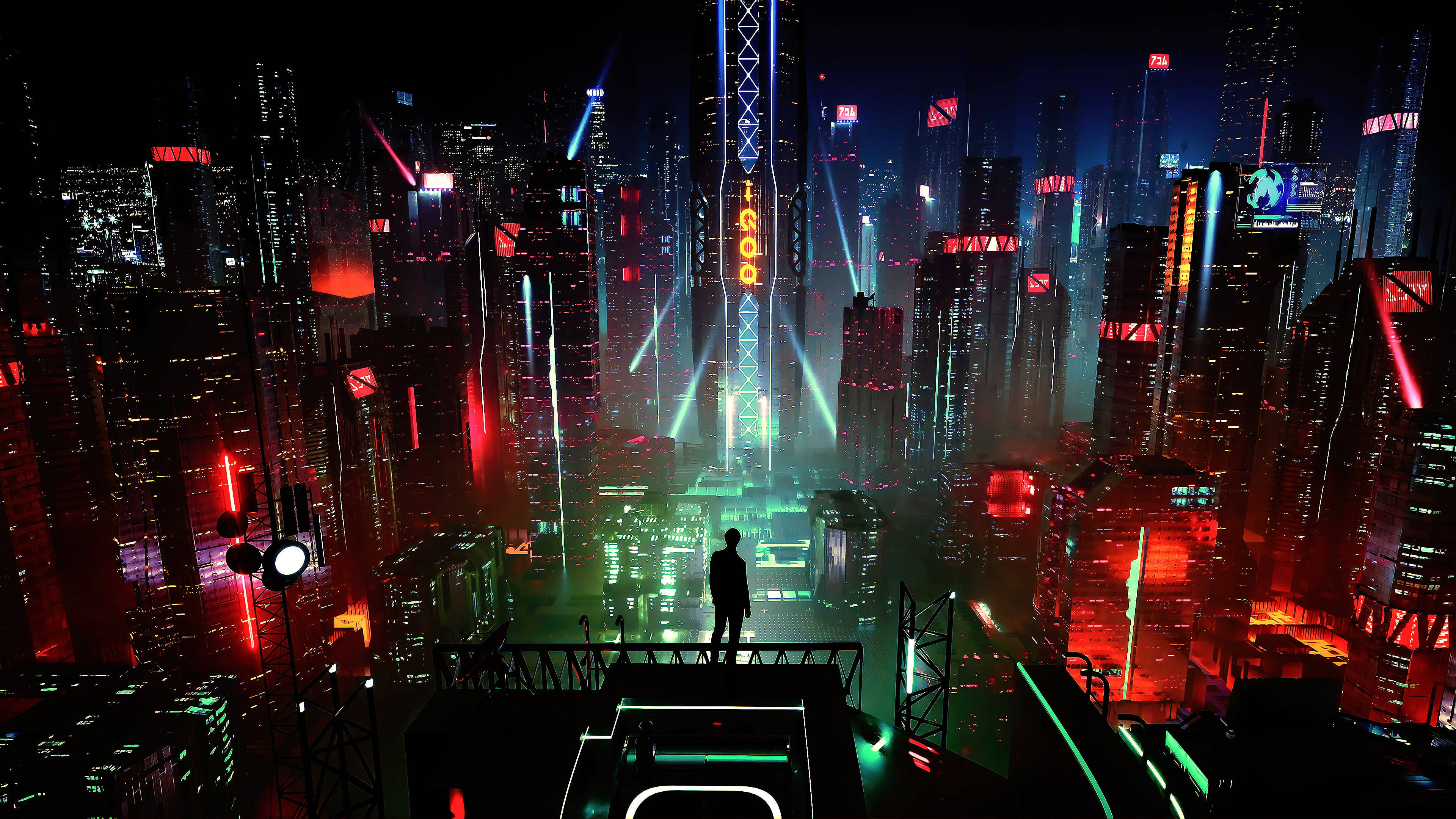neon-drenched cyberpunk cityscape, towering skyscrapers, red green and blue, 4K Desktop Wallpaper