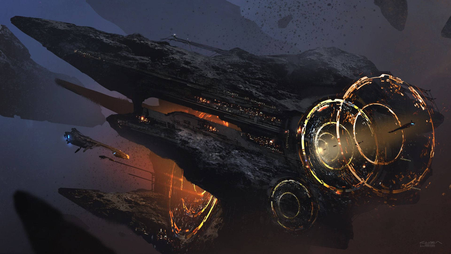sci-fi spaceship, glowing orange rings, dark alien landscape, Full HD Desktop Wallpaper