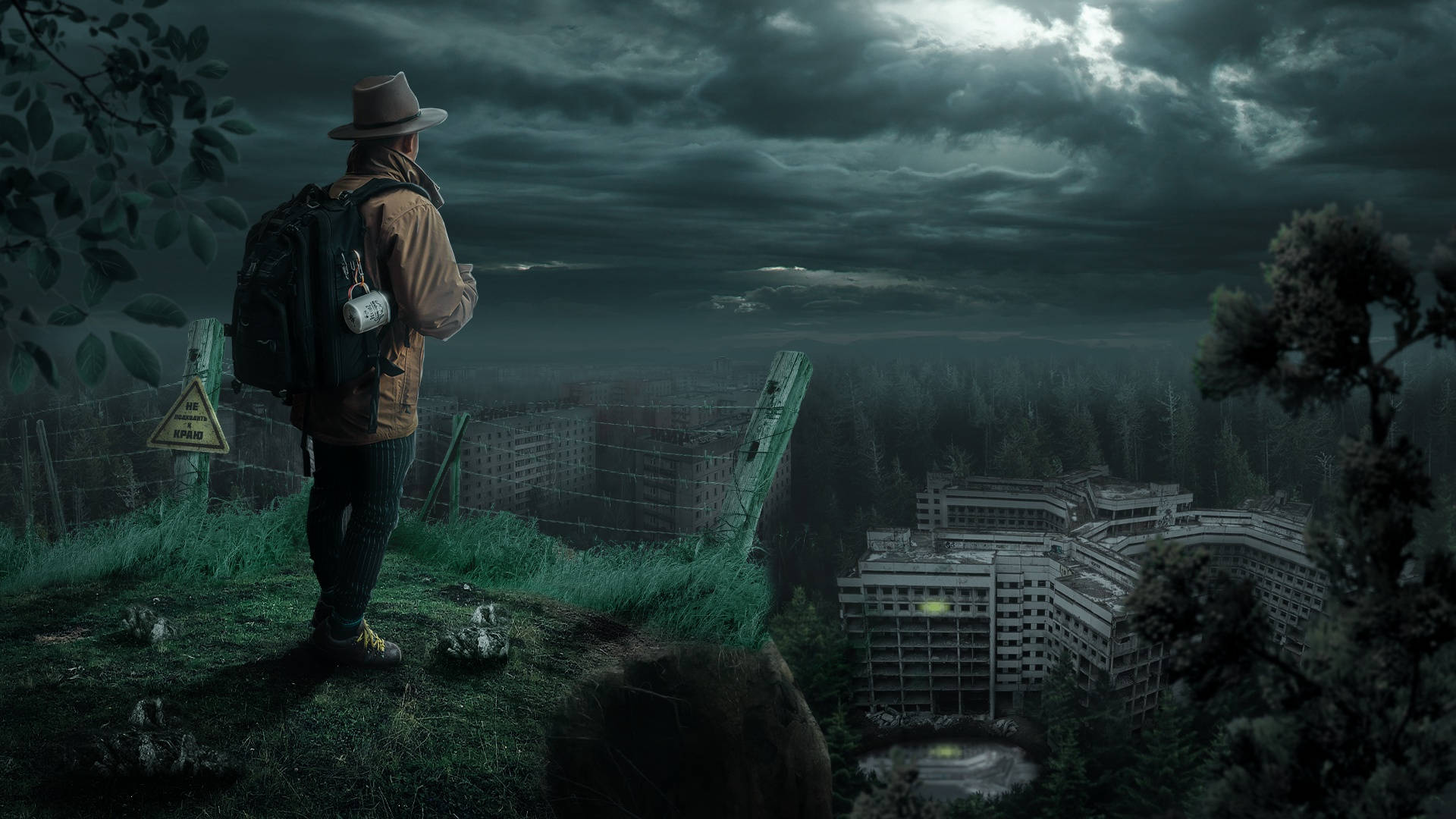 postapocalyptic sci-fi landscape, mossy hill, misty abandoned cityscape, Full HD Desktop Wallpaper