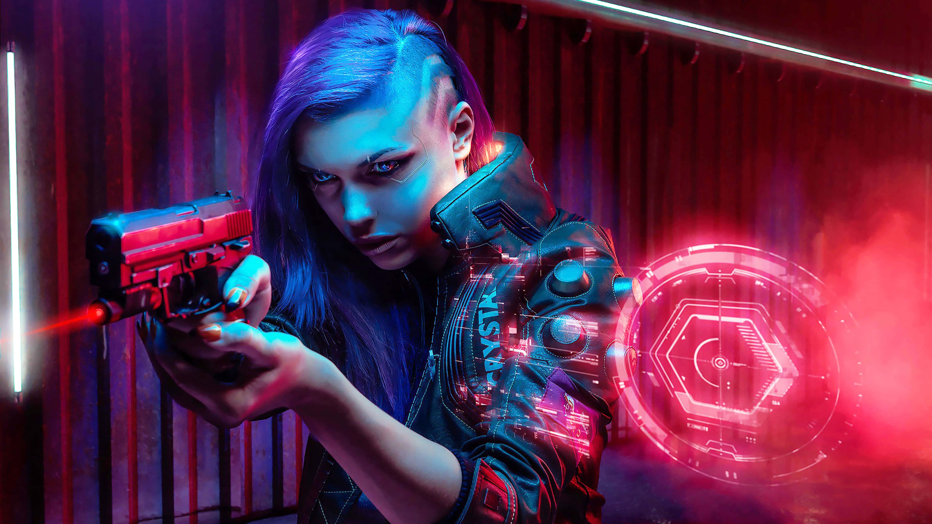 cyberpunk woman, glowing blue hair, red laser pistol, 4K Desktop Wallpaper