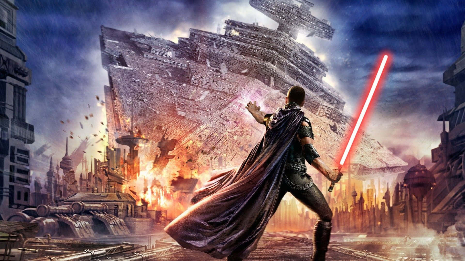red lightsaber, massive star destroyer, burning futuristic city, Full HD Desktop Wallpaper