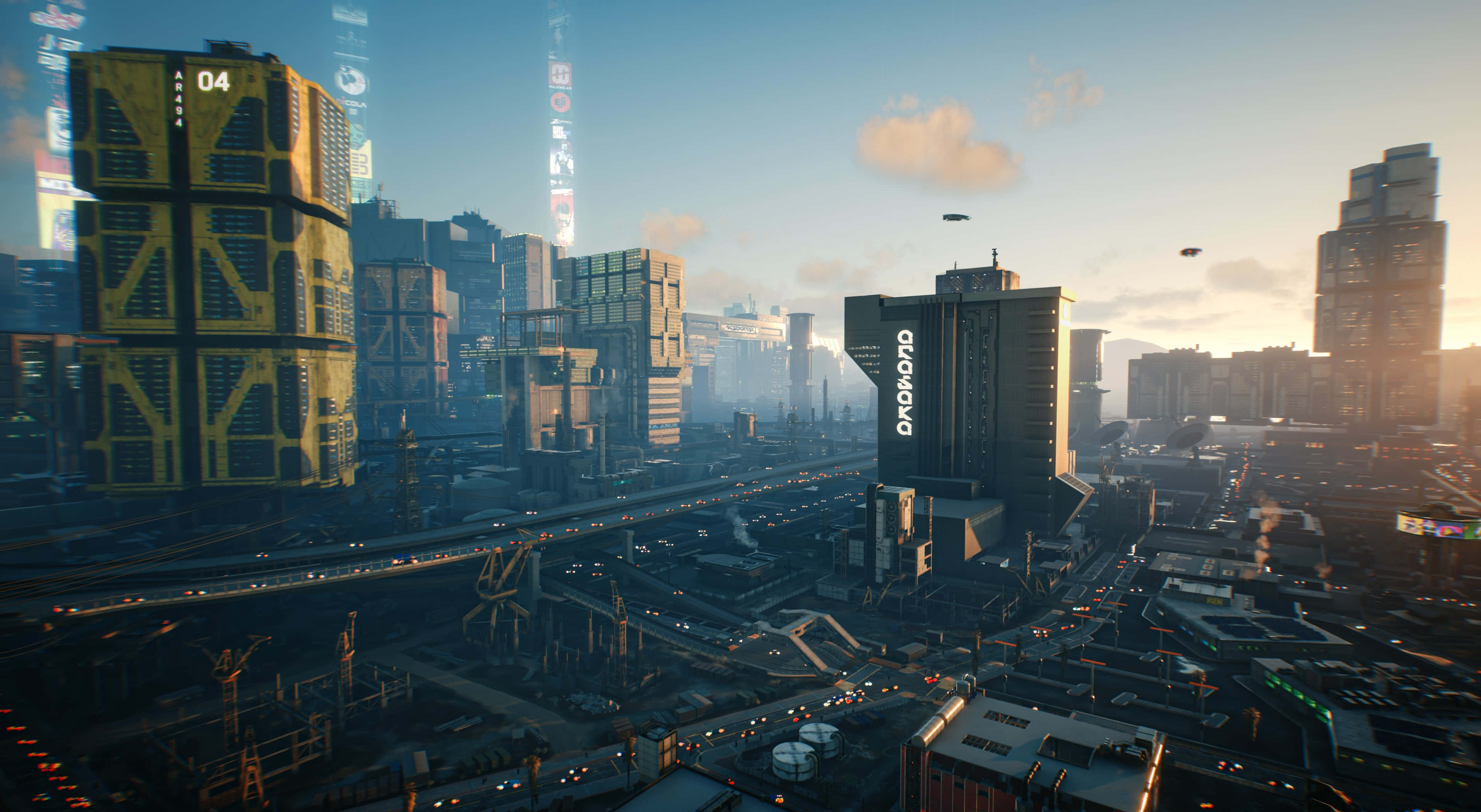 futuristic cityscape, neon-lit skyscrapers, flying vehicles, 4K Desktop Wallpaper