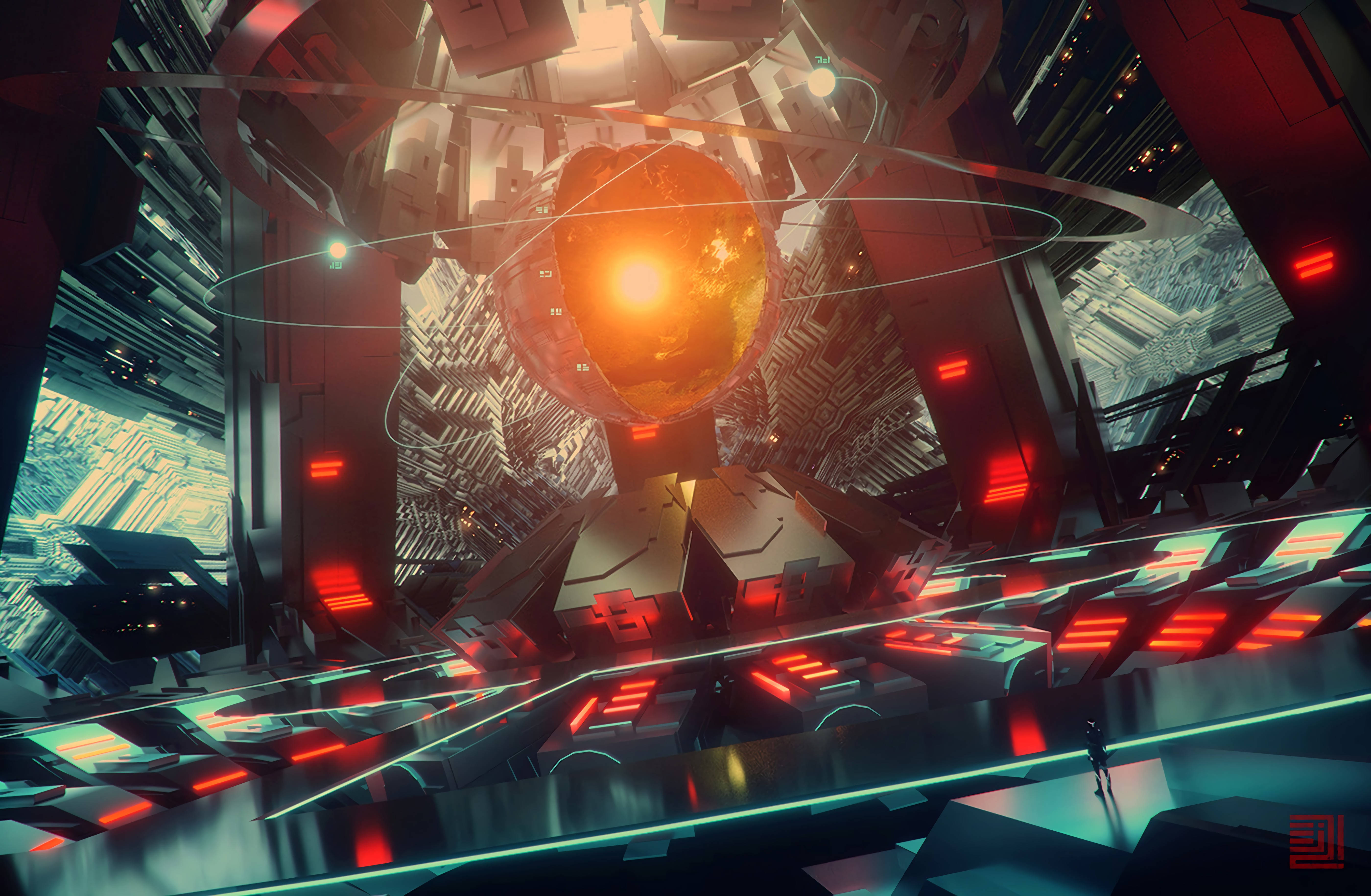 station room, glowing red and teal lights, central golden orb, 5K Desktop Wallpaper